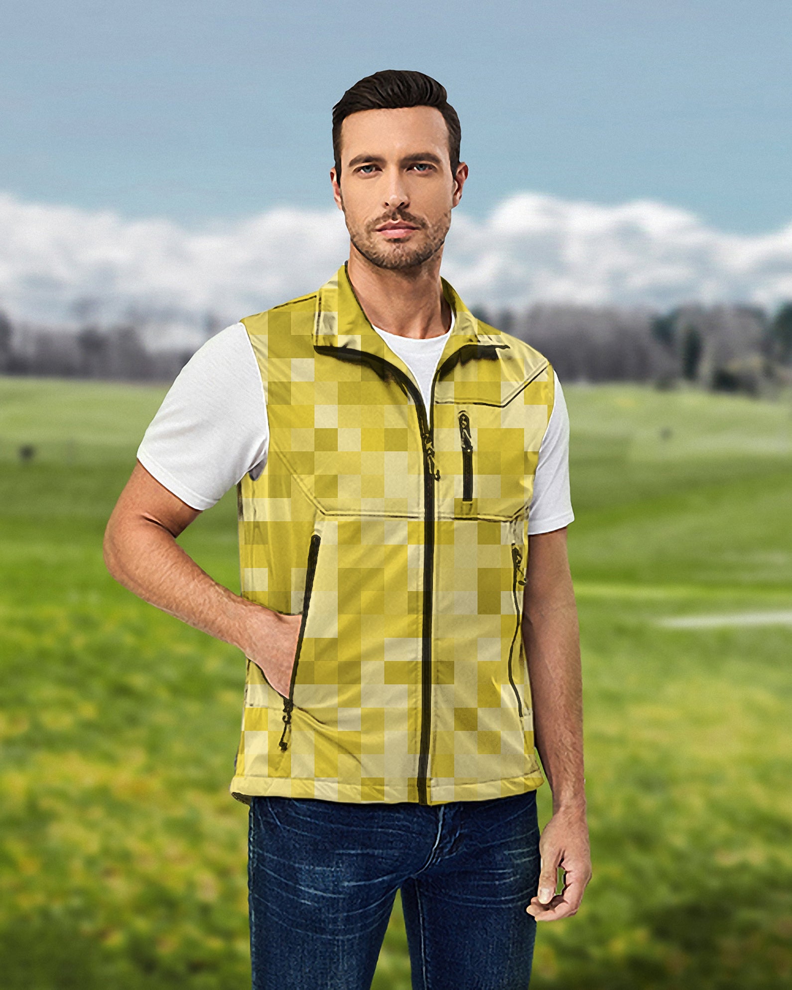 Men's Yellow Pixel Big Lightweight Softshell Vest Sleeveless Jacket for Golf Windproof Waterproof
