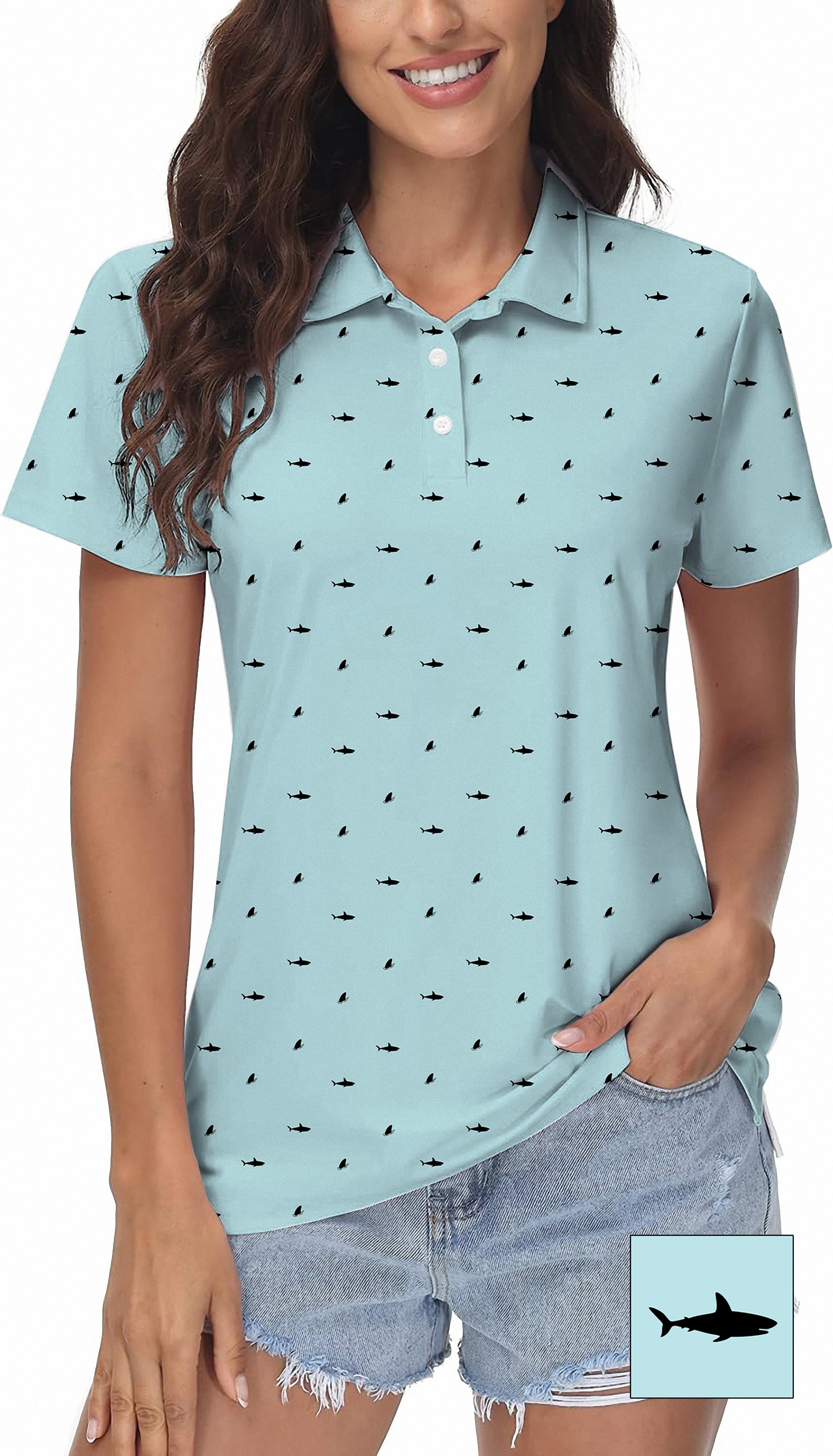Black Shark and Fin Custom The Background Color Women's Golf Polo