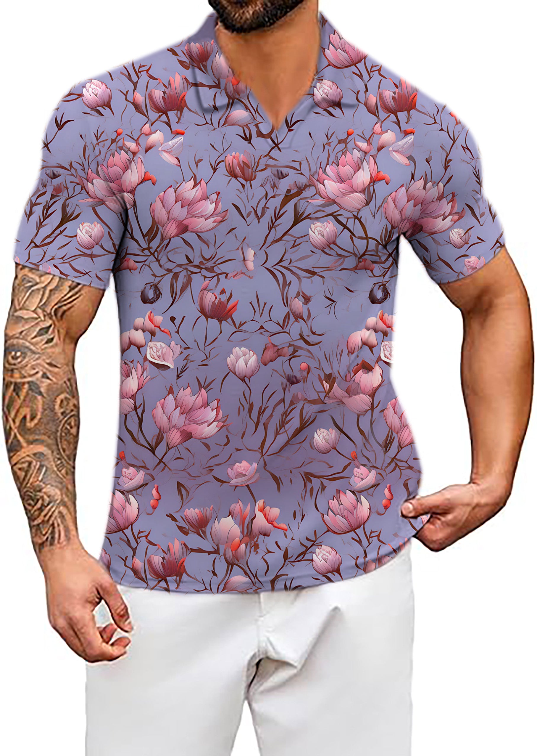 Men's Cherry blossoms V Neck Golf Polo Shirts