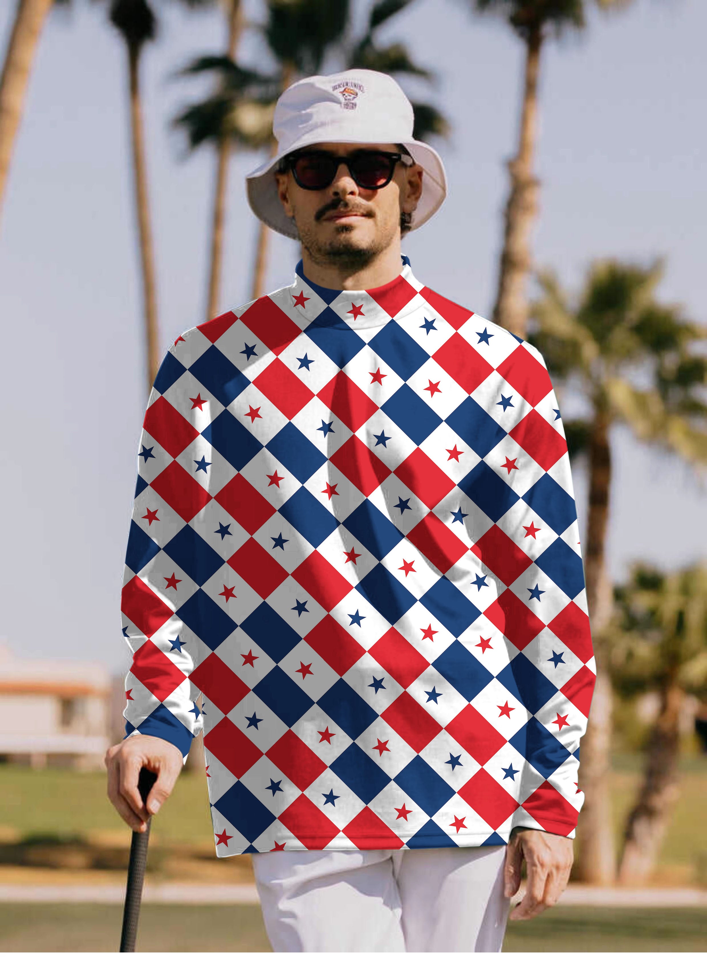 Men's Argyle US Star flag Pullover High neck Long/Short sleeve T-Shirt