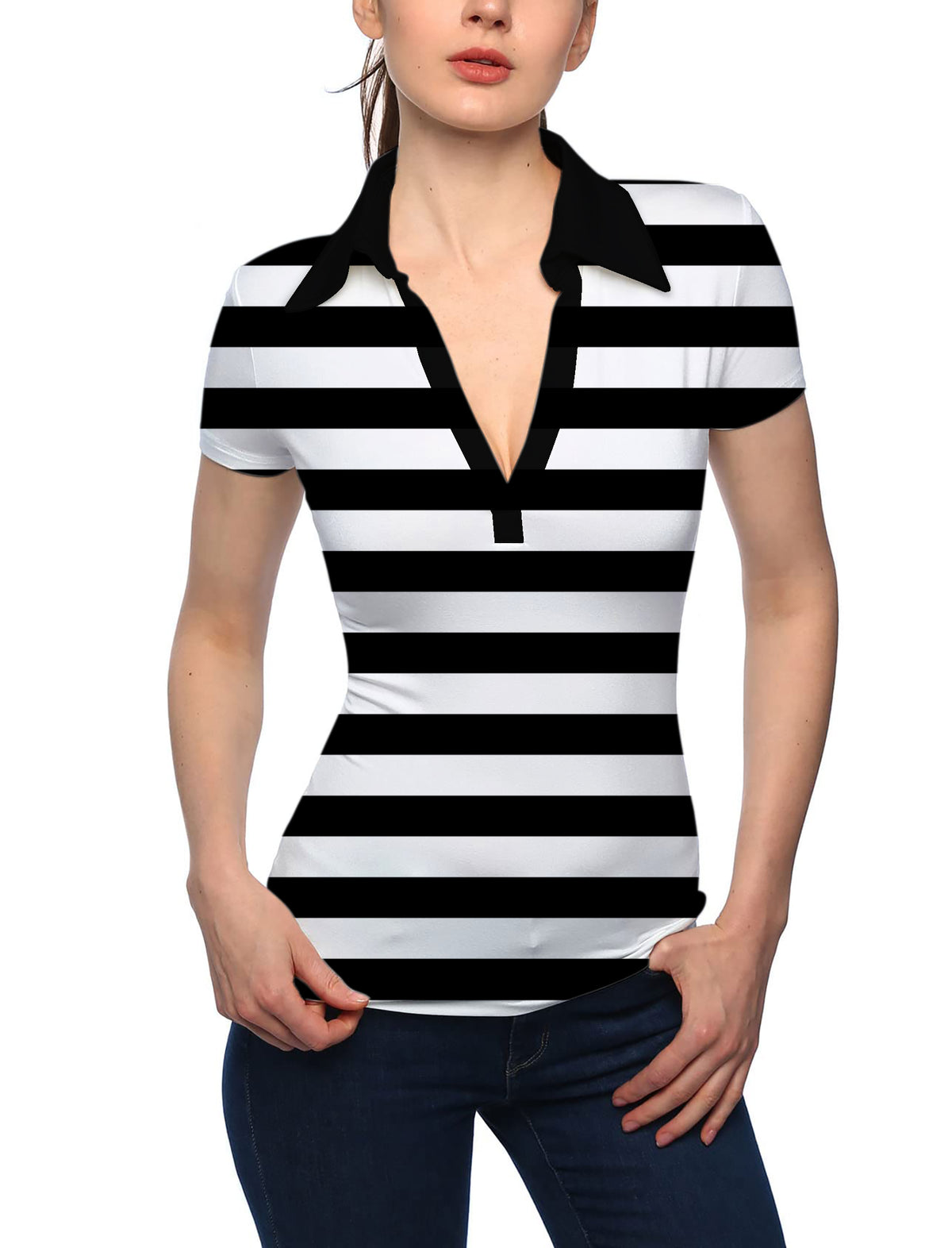 Women's Black and white horizontal stripes V Neck Golf Polo