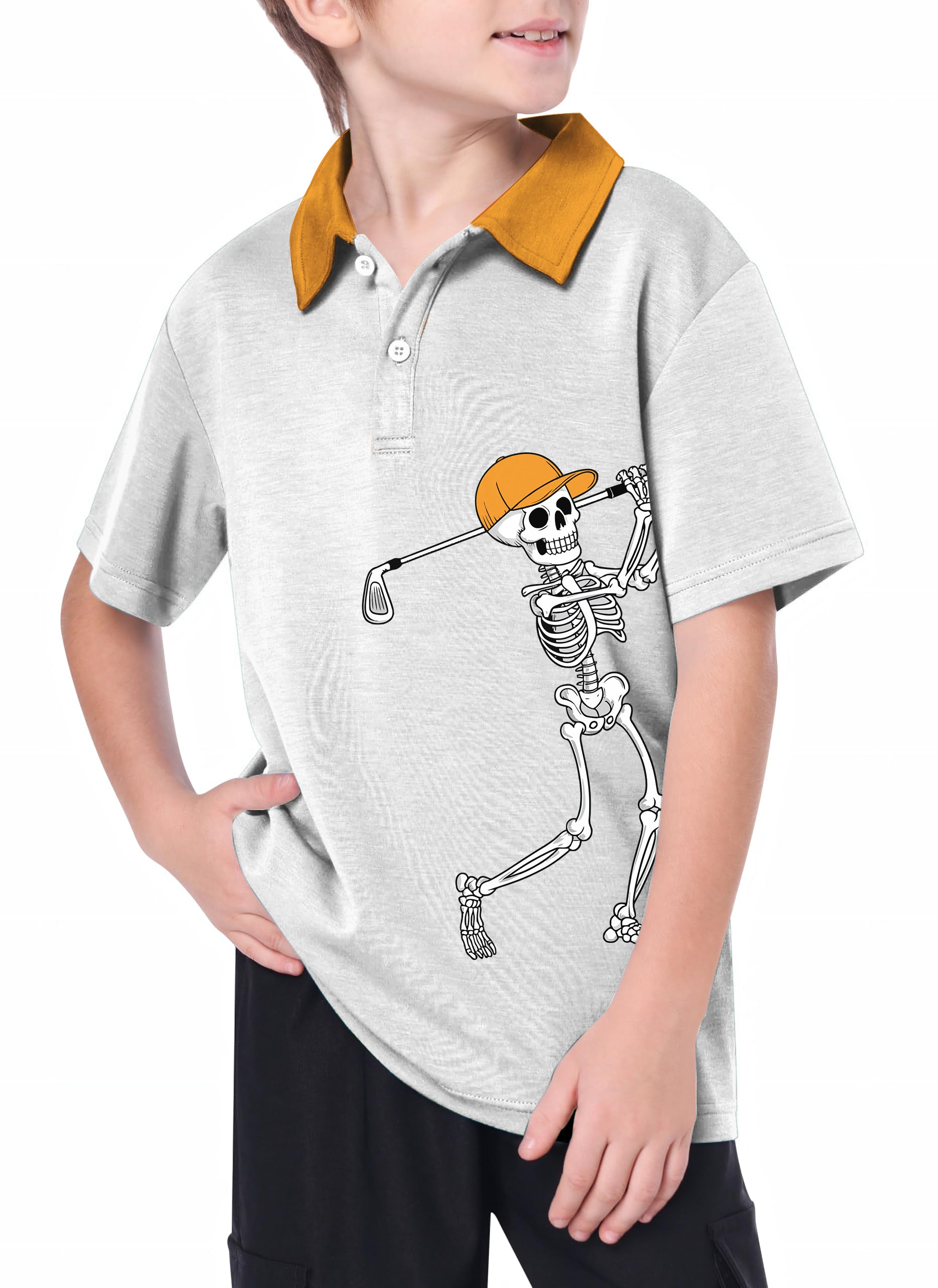 Youth Pumpkin White Halloween Skeleton Golf Golf Polo