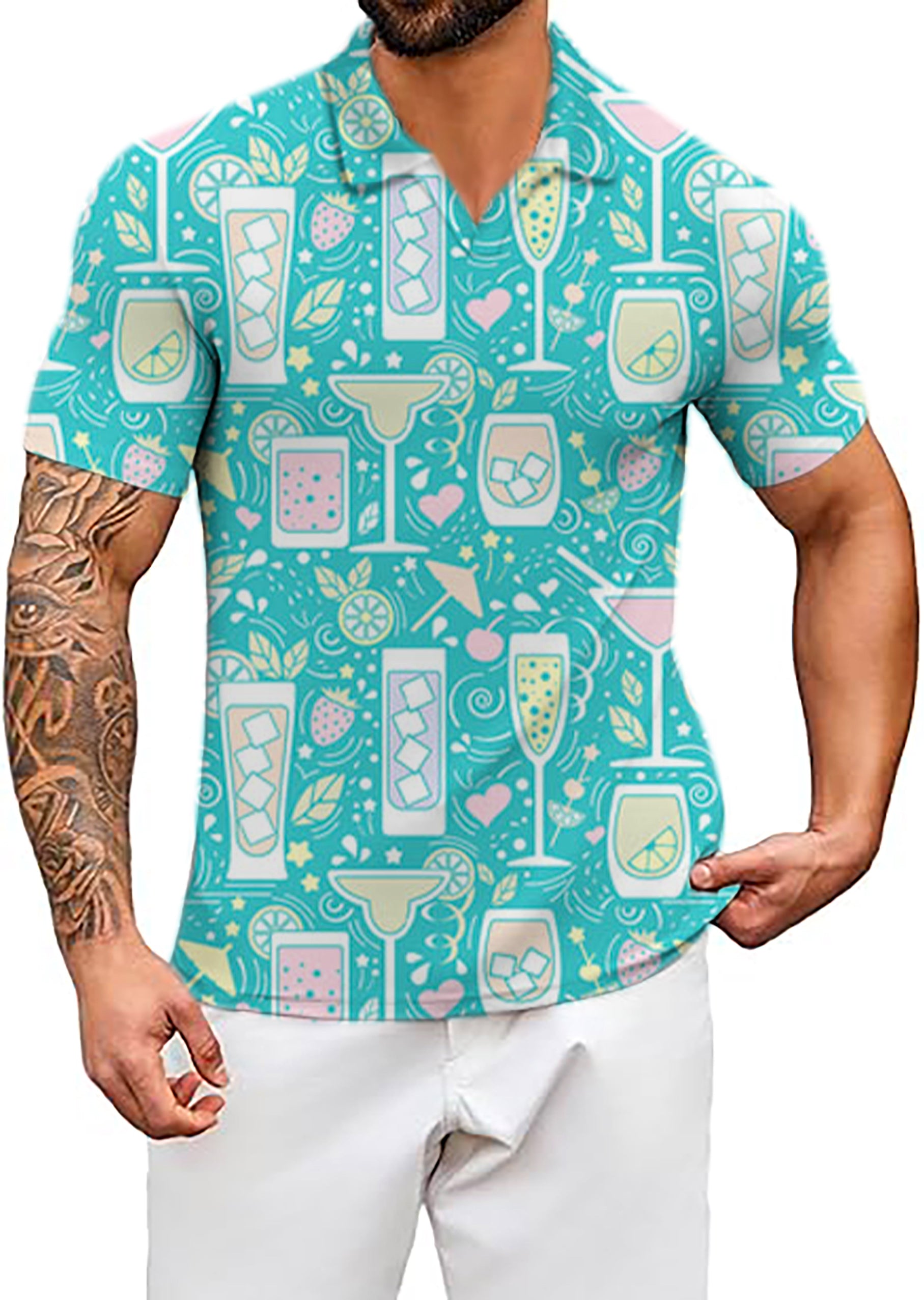 Men's Cocktails-Hello-Summer V Neck Golf Polo Shirts