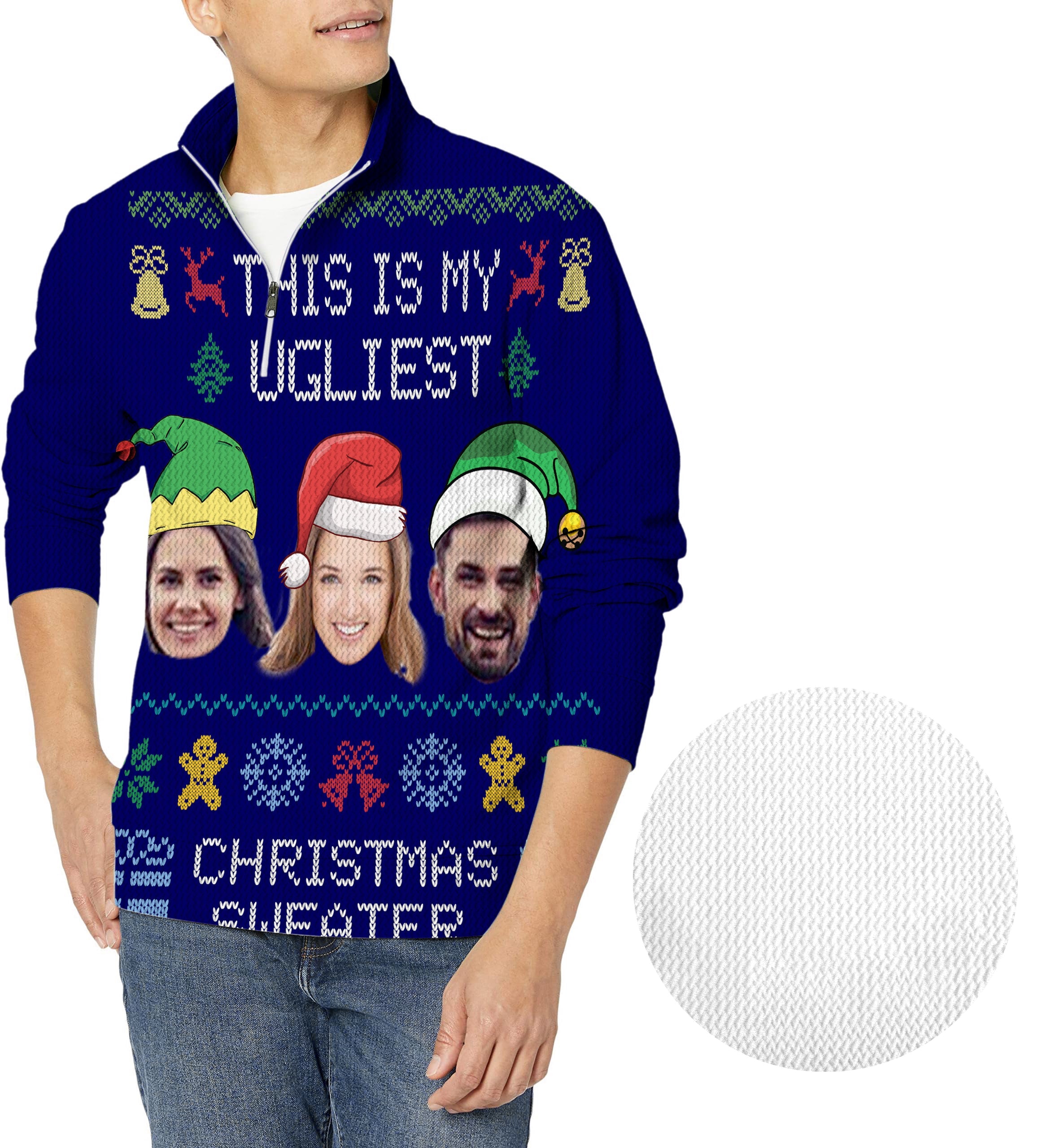 Navy-Christmas custom face men’s golf waffle zipper pullover with personalized ugly Christmas sweater design