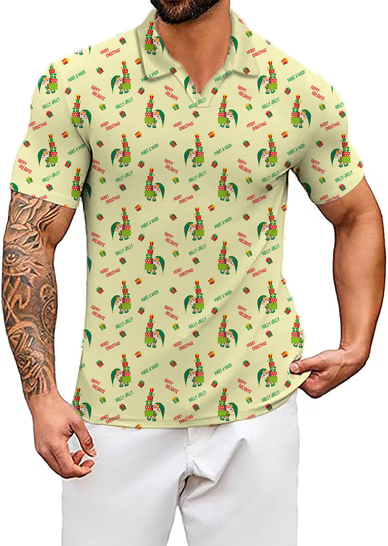 Men's Coconut Palm short sleeve polo shirt with green alien print and yellow base designed for comfort and business casual style
