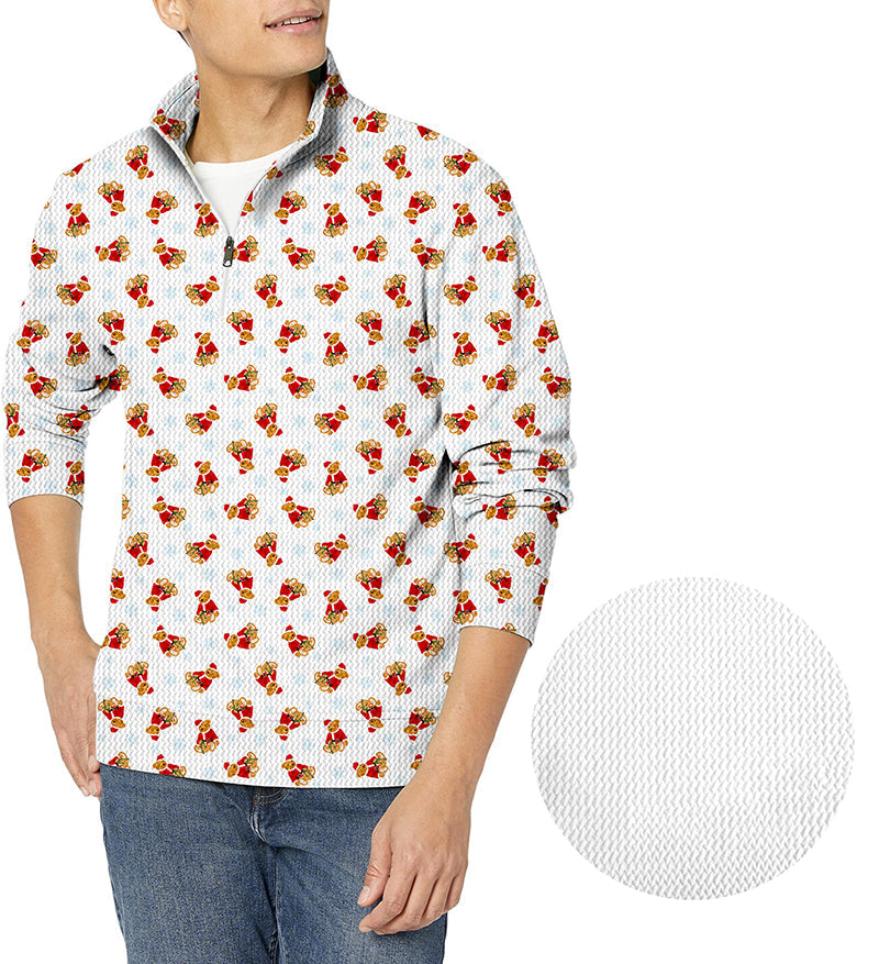 Men's golf waffle zipper pullover with Christmas Teddy Bear pattern