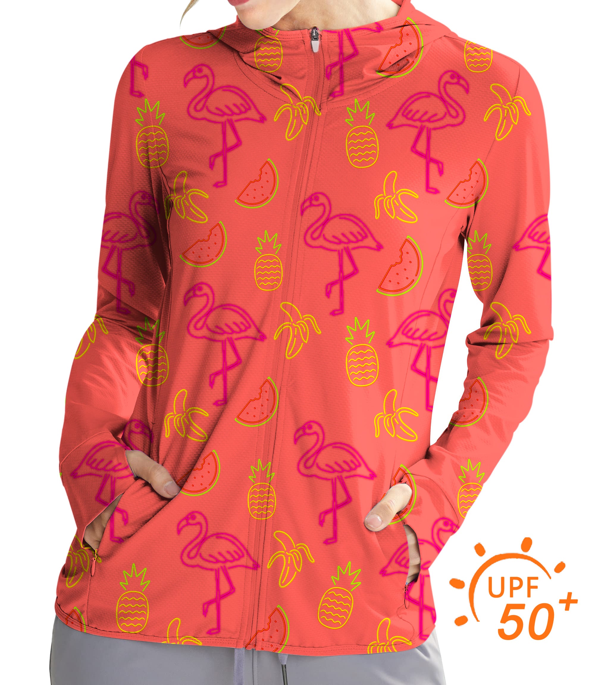 Women's Outdoor Fruity Flamingo Golf Sun Protection Slim Fit zip hoodies