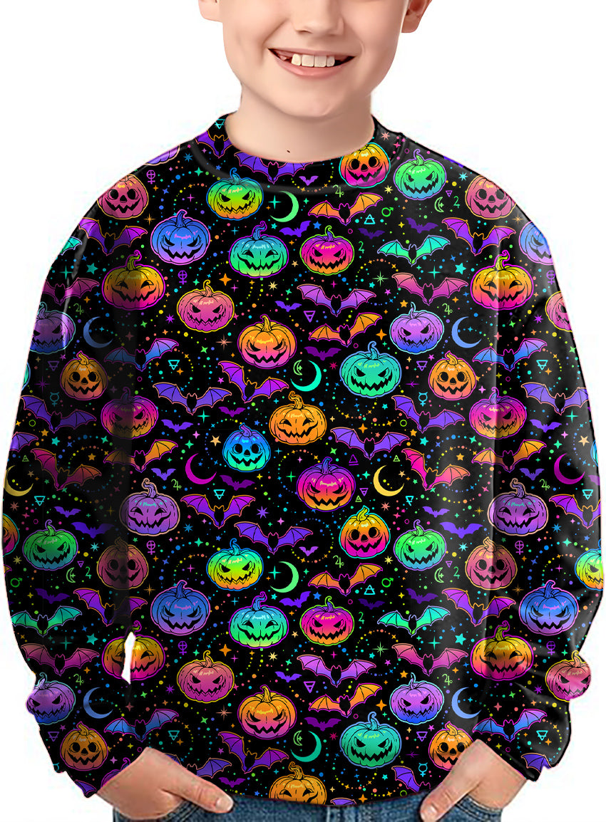 Neon Halloween Pumpkin Crewneck Pullover Kids Ugly Sweater