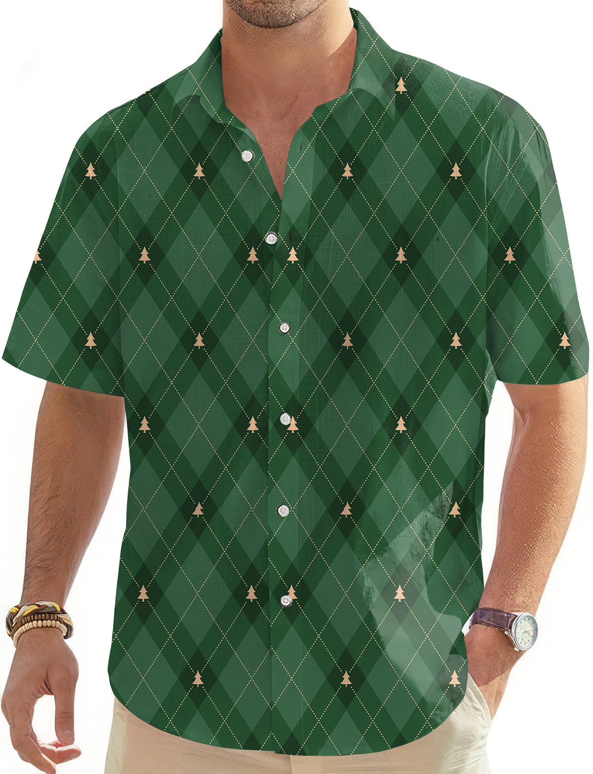 Green diamond-patterned Christmas tree Men's Golf Hawaiian Shirts Button Down Shirt