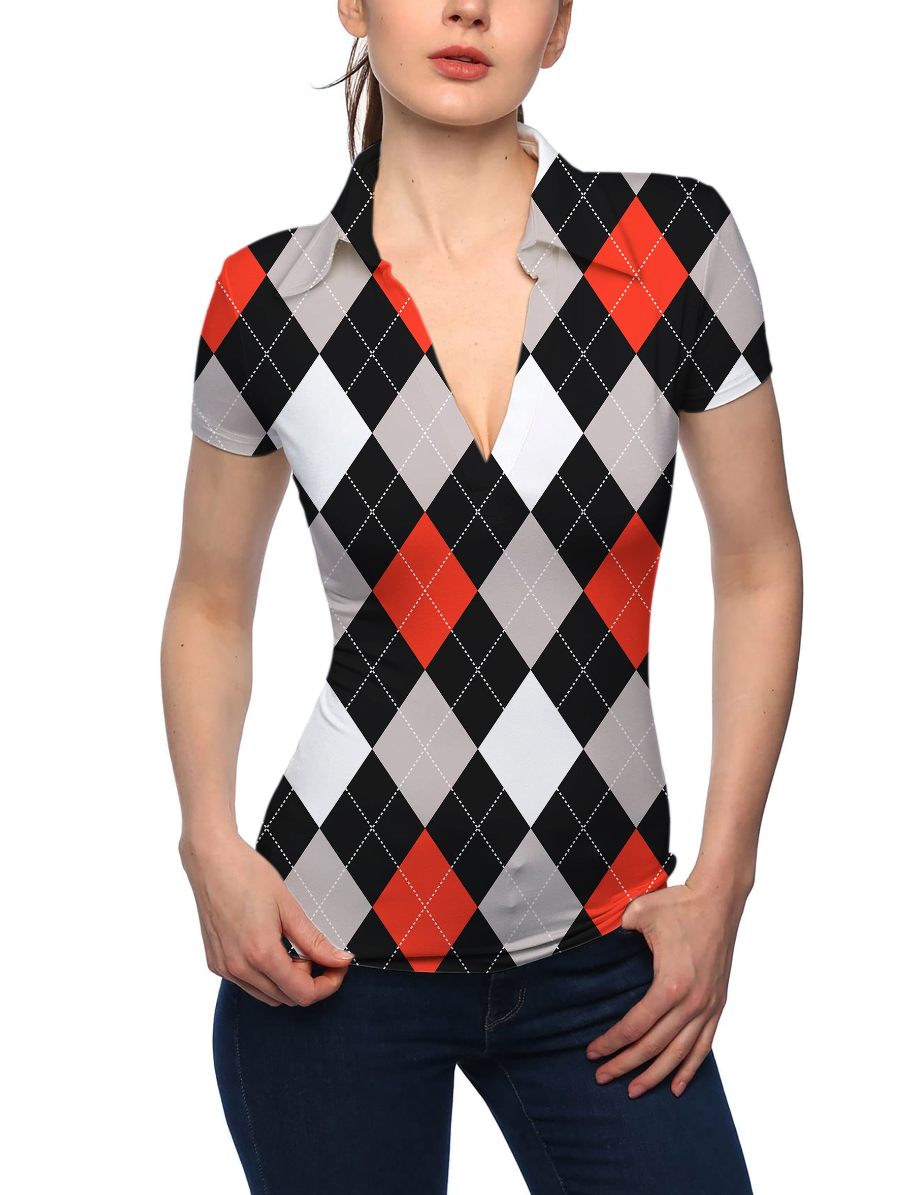 Women's Argyle red black V Neck Golf Polo