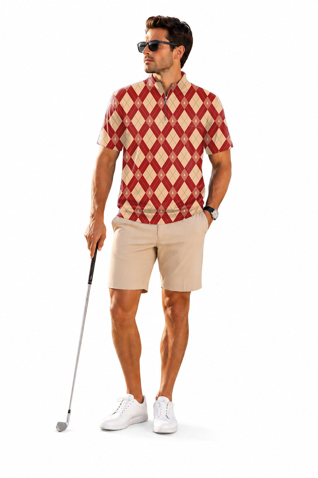 Men's Short Sleeve Quarter Zip Golf Pullover Red and yellow diamond-patterned Christmas tree