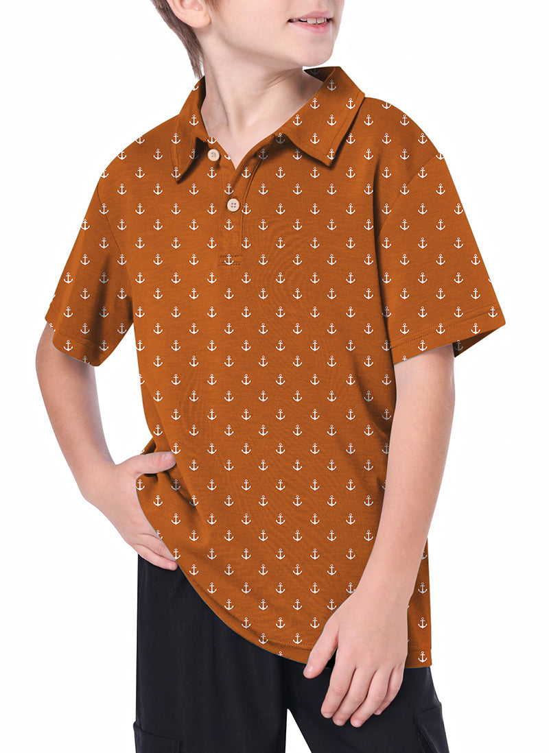 Youth orange anchor golf polo shirt with 4-way stretch and moisture-wicking fabric