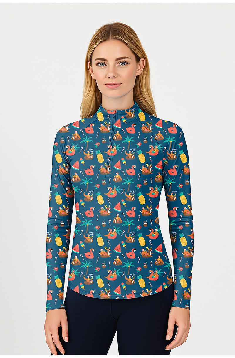 Christmas HO Women's Golf active 3/4 zip long sleeve top with festive print and lightweight, sun-safe fabric