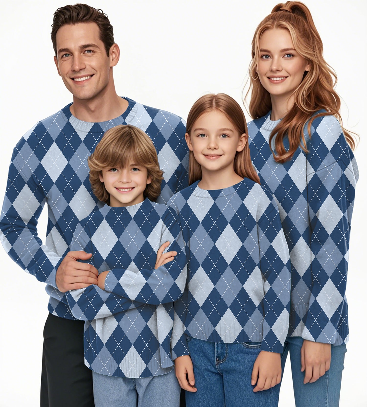 blue Argyle Crewneck Pullover Ugly Sweater Men Women boy girl family
