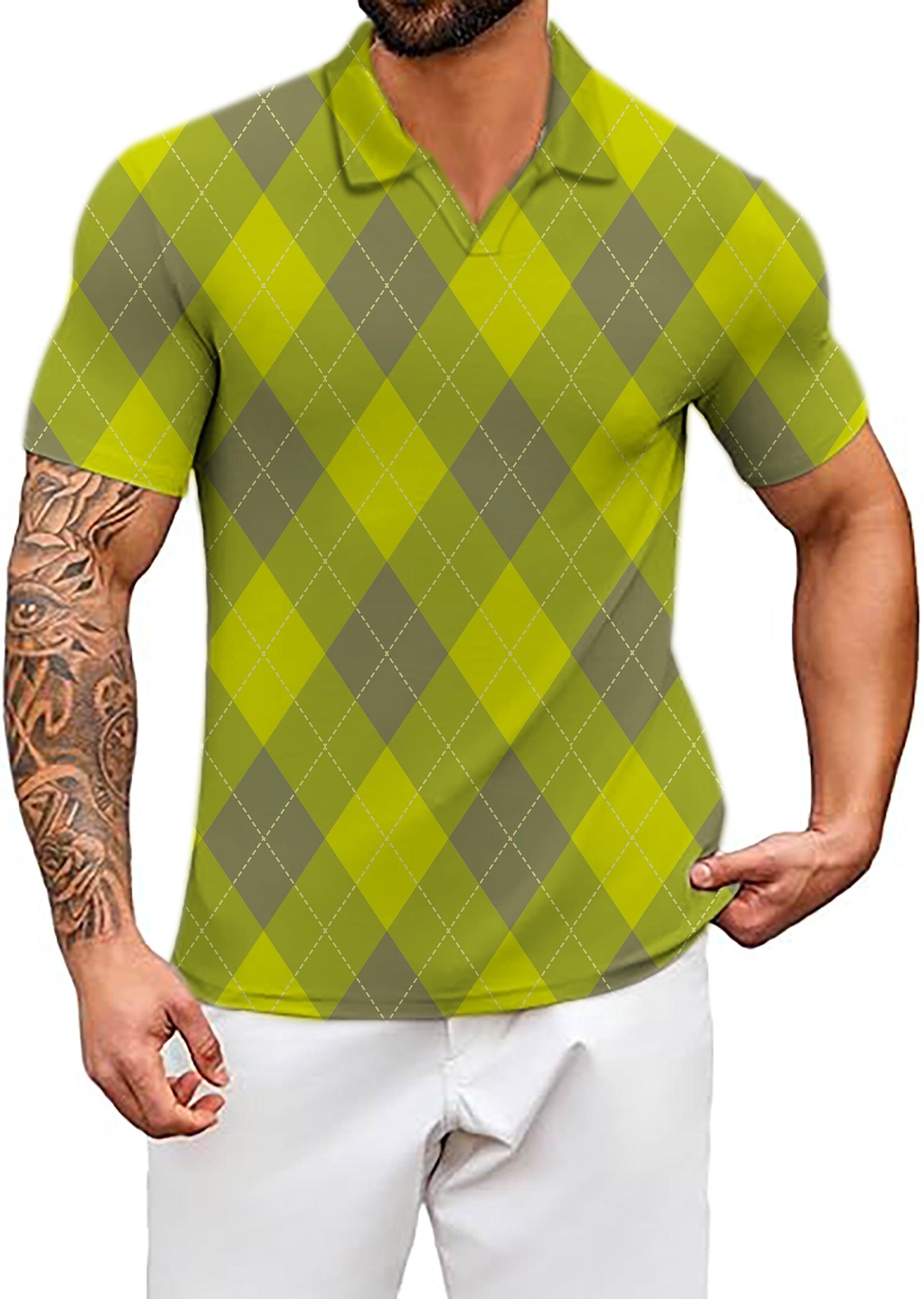 Men's Yollow Argyle V Neck Golf Polo Shirts