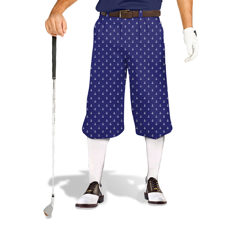 Royal Anchor Men's Golf Knickers in blue with white anchor pattern, snug ankle cuffs, lightweight breathable fabric, and adjustable velcro design.