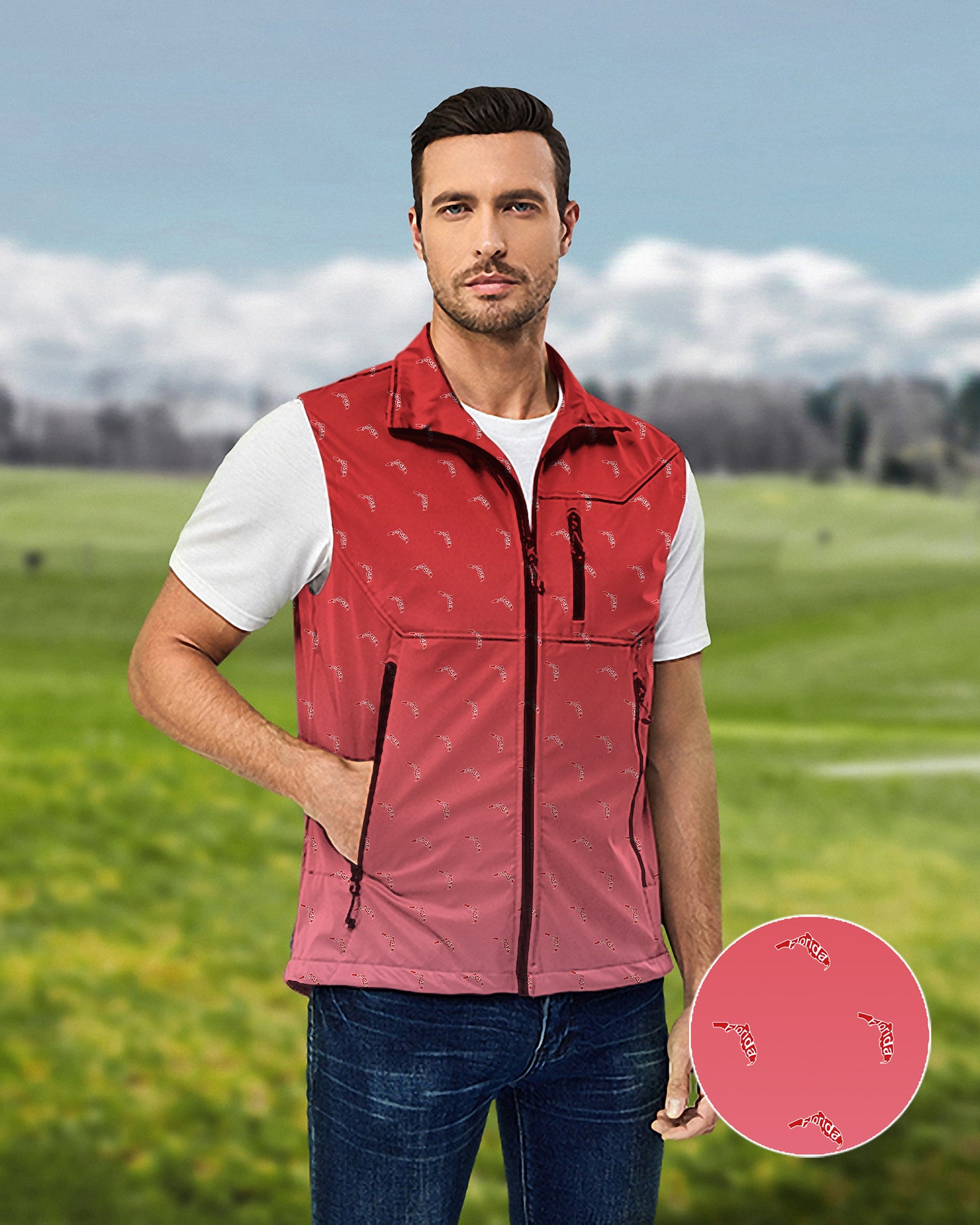 Men's Red Florida Lightweight Softshell Vest Sleeveless Jacket for Golf Windproof Waterproof