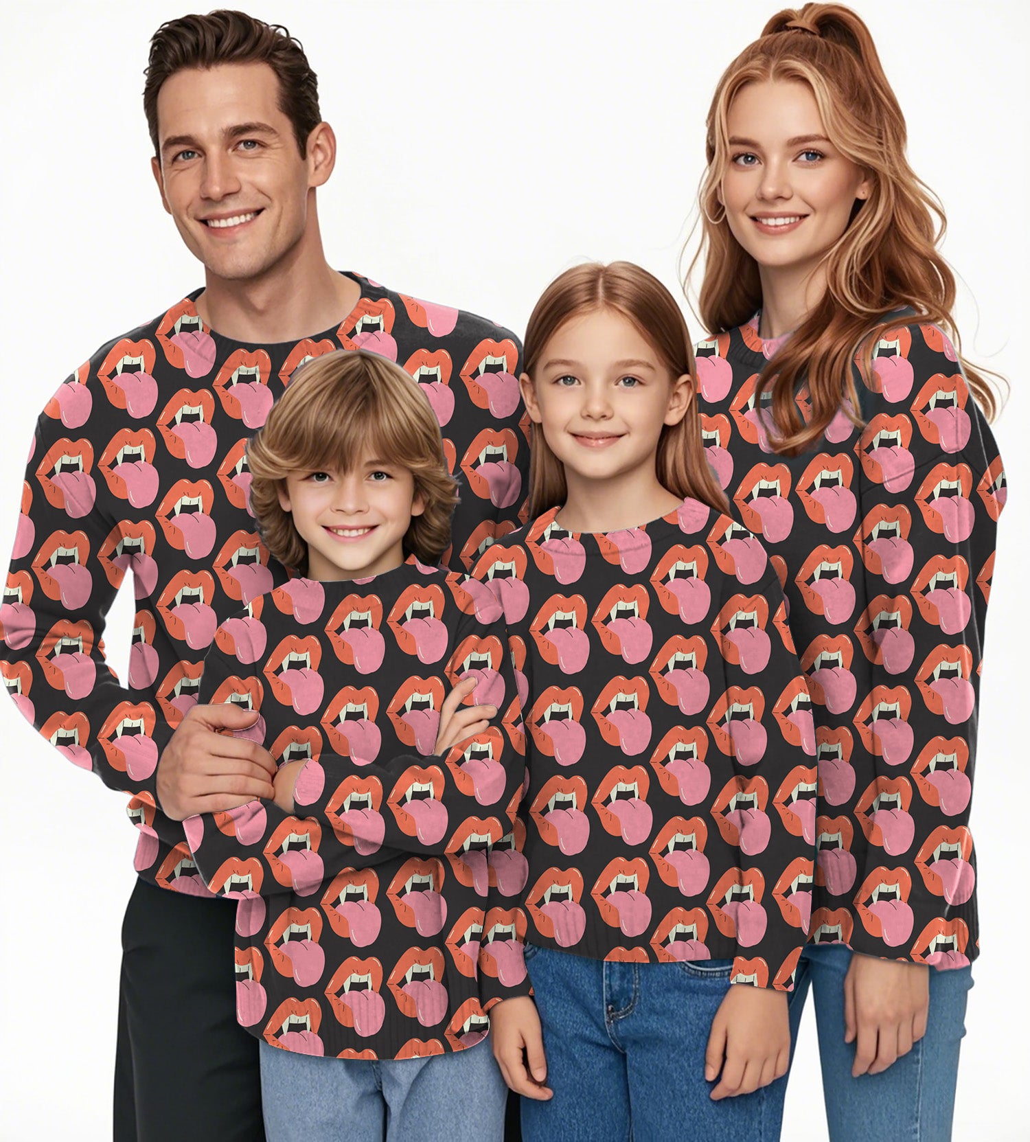Halloween Vampire Mouth Crewneck Pullover Ugly Sweater Men Women boy girl family