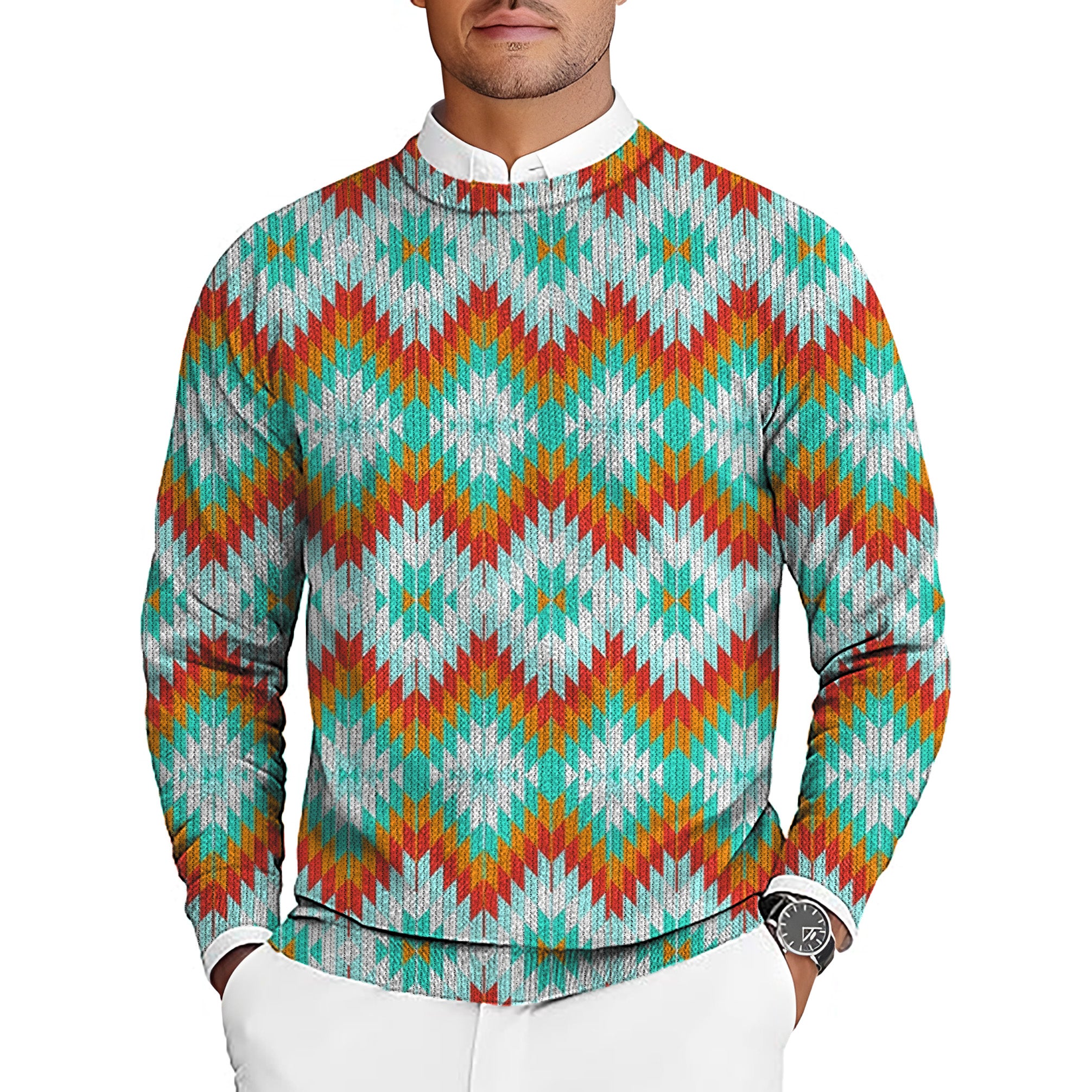 Aztec Summer Contrast Stitching Men's Golf Crewneck Pullover Sweaters Ugly Sweater