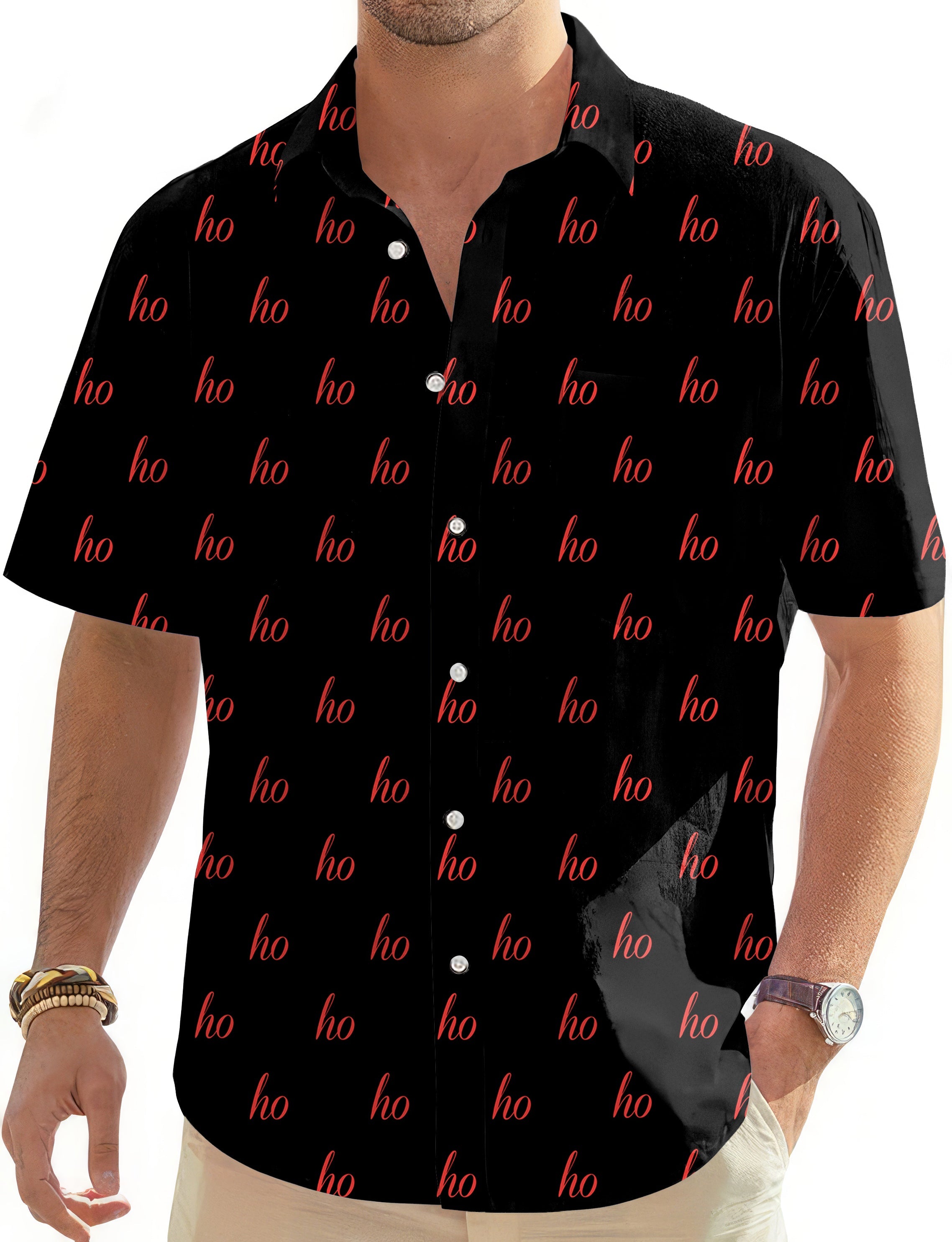Black custom name men's Christmas Hawaiian shirt with red "ho" print and button-down design