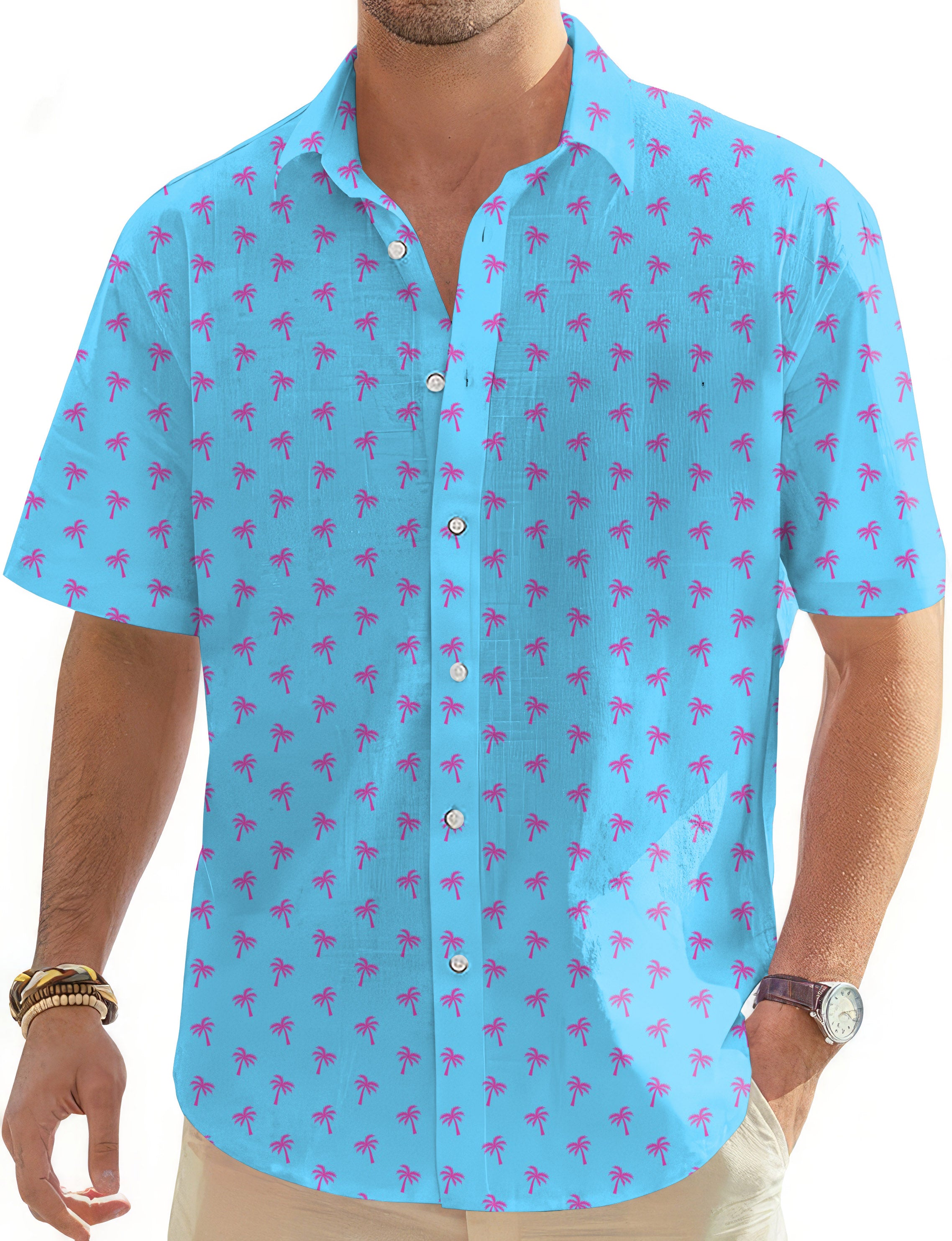 Pink Palm Trees-Men's Golf Hawaiian Shirts Button Down Shirt