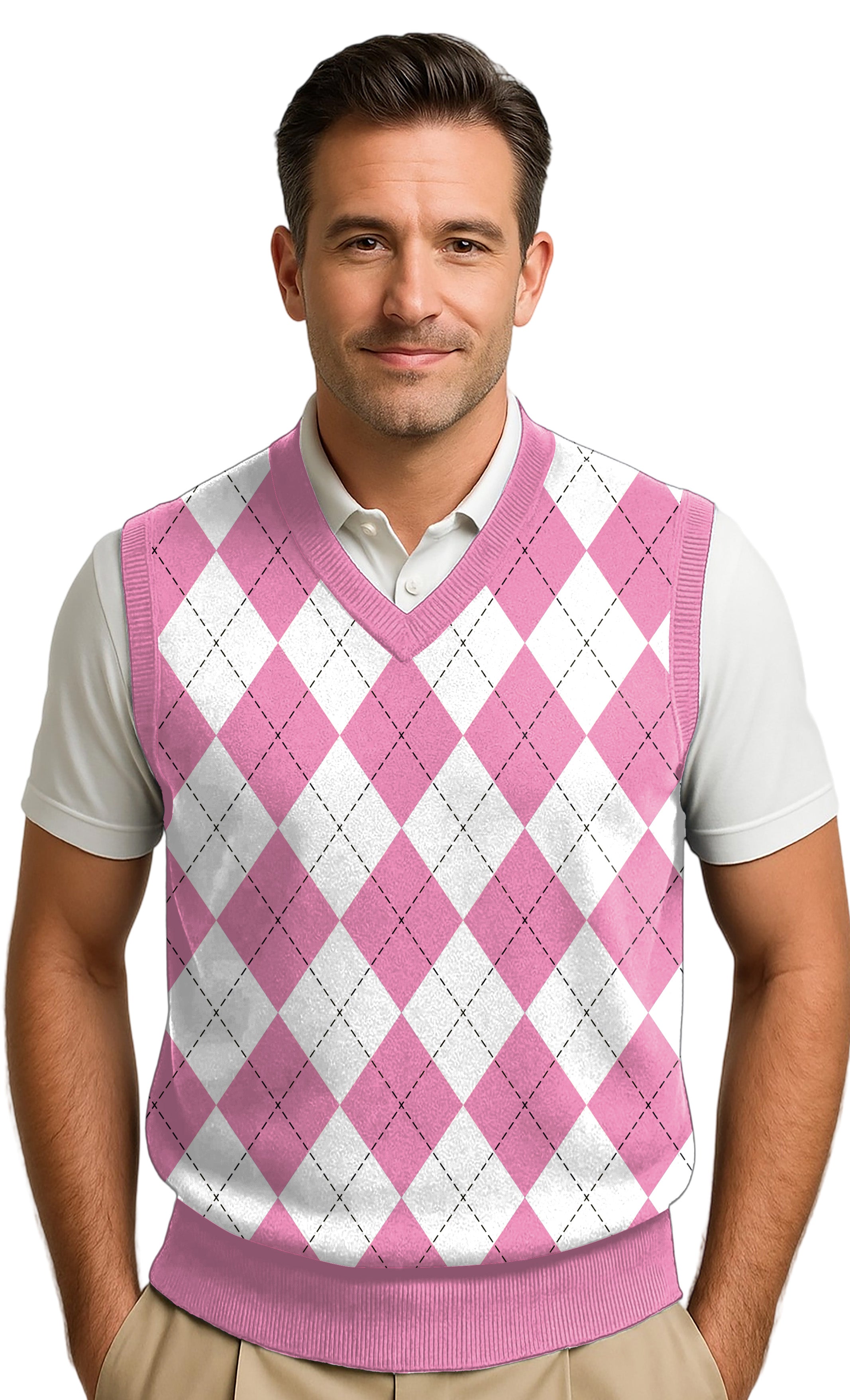Men's Argyle Wool Sweater Vest - Mens Pink/White