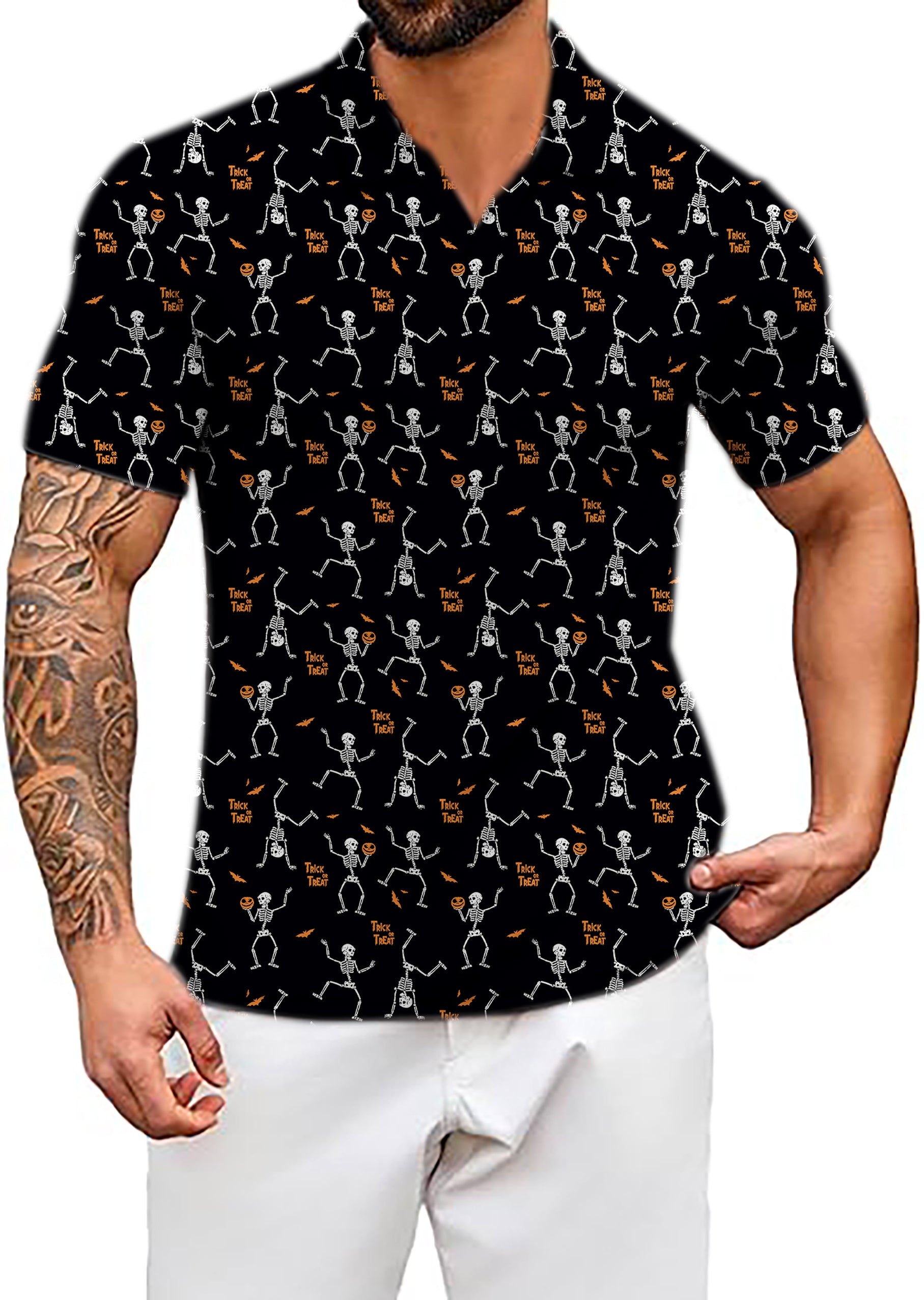 Men's Coconut Palm Halloween Dancing Skeletons V Neck Golf Polo Shirts