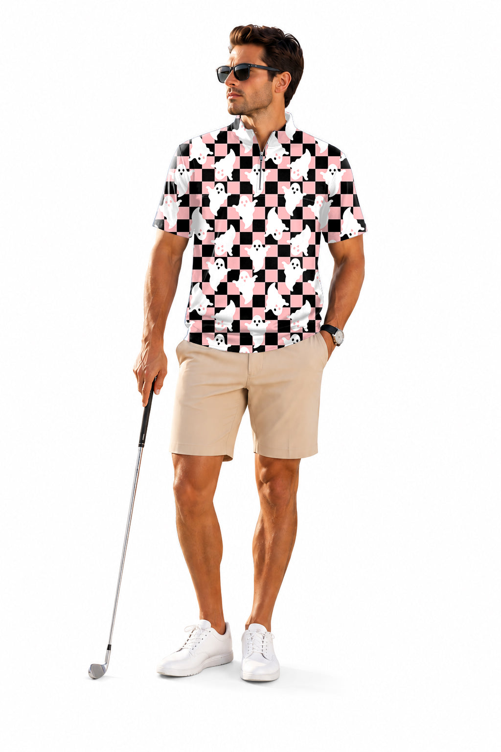 Men's Short Sleeve Quarter Zip Golf Pullover Halloween Black and White Checkerboard Ghost
