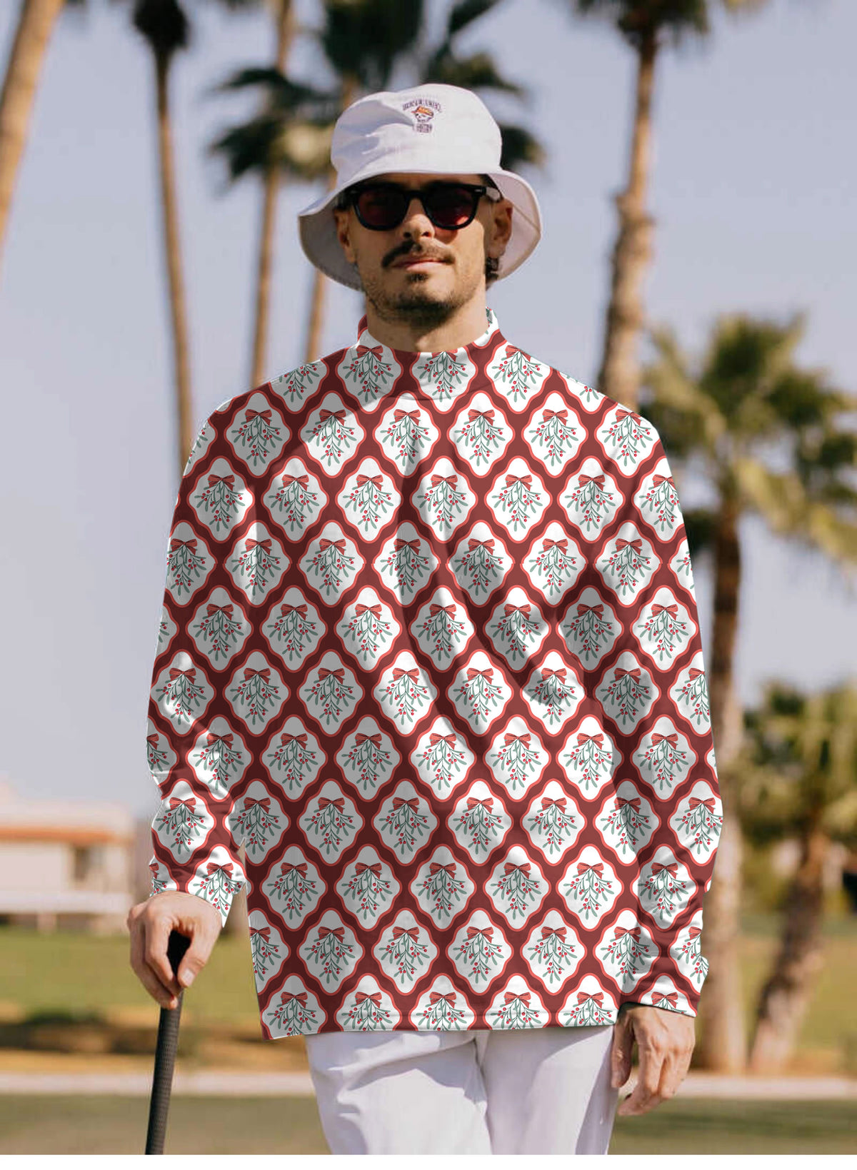 Men's Christmas red holly Mock Neck Long/Short Sleeve Golf Tops
