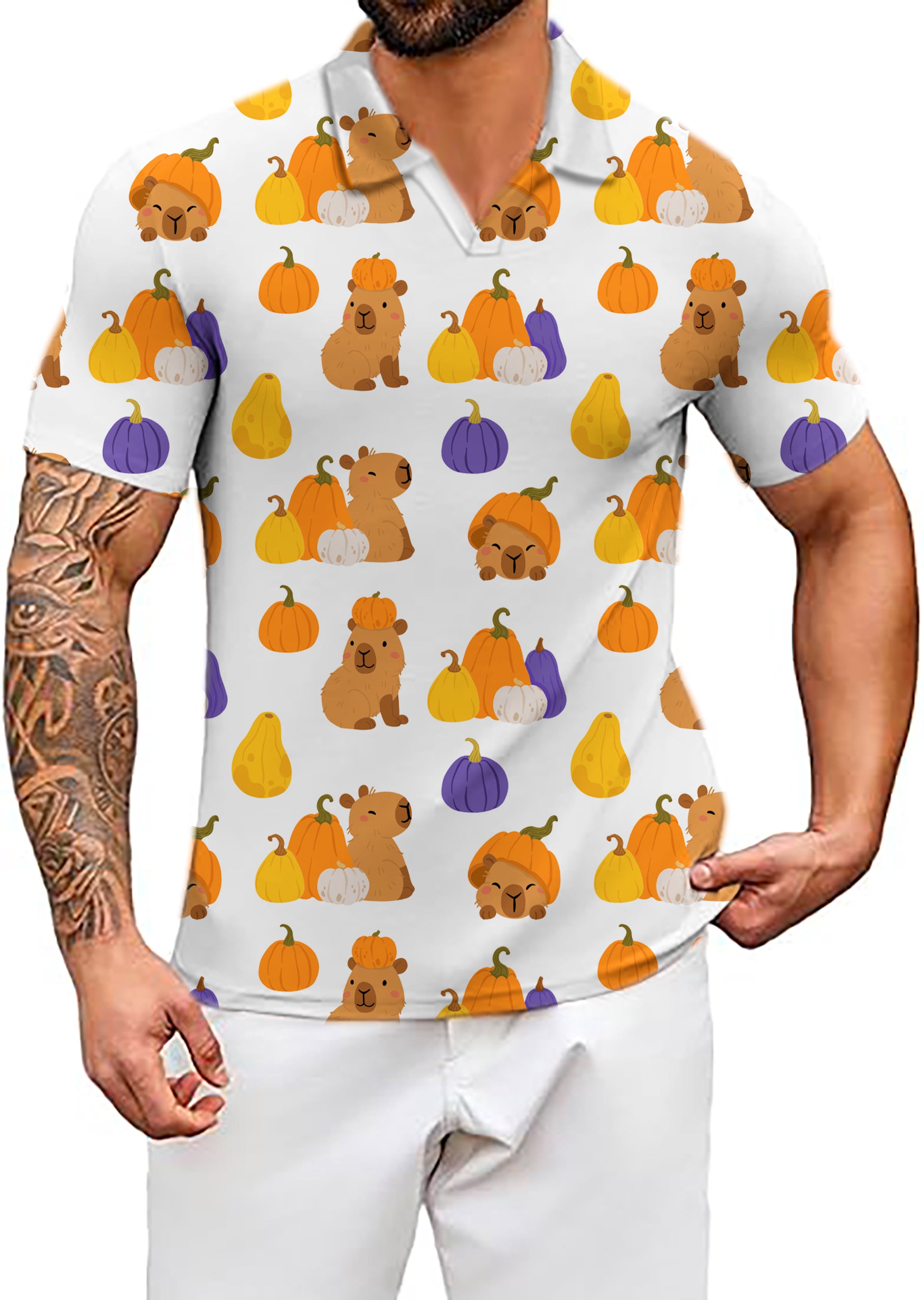 Men's Halloween Capybara V Neck Golf Polo Shirts
