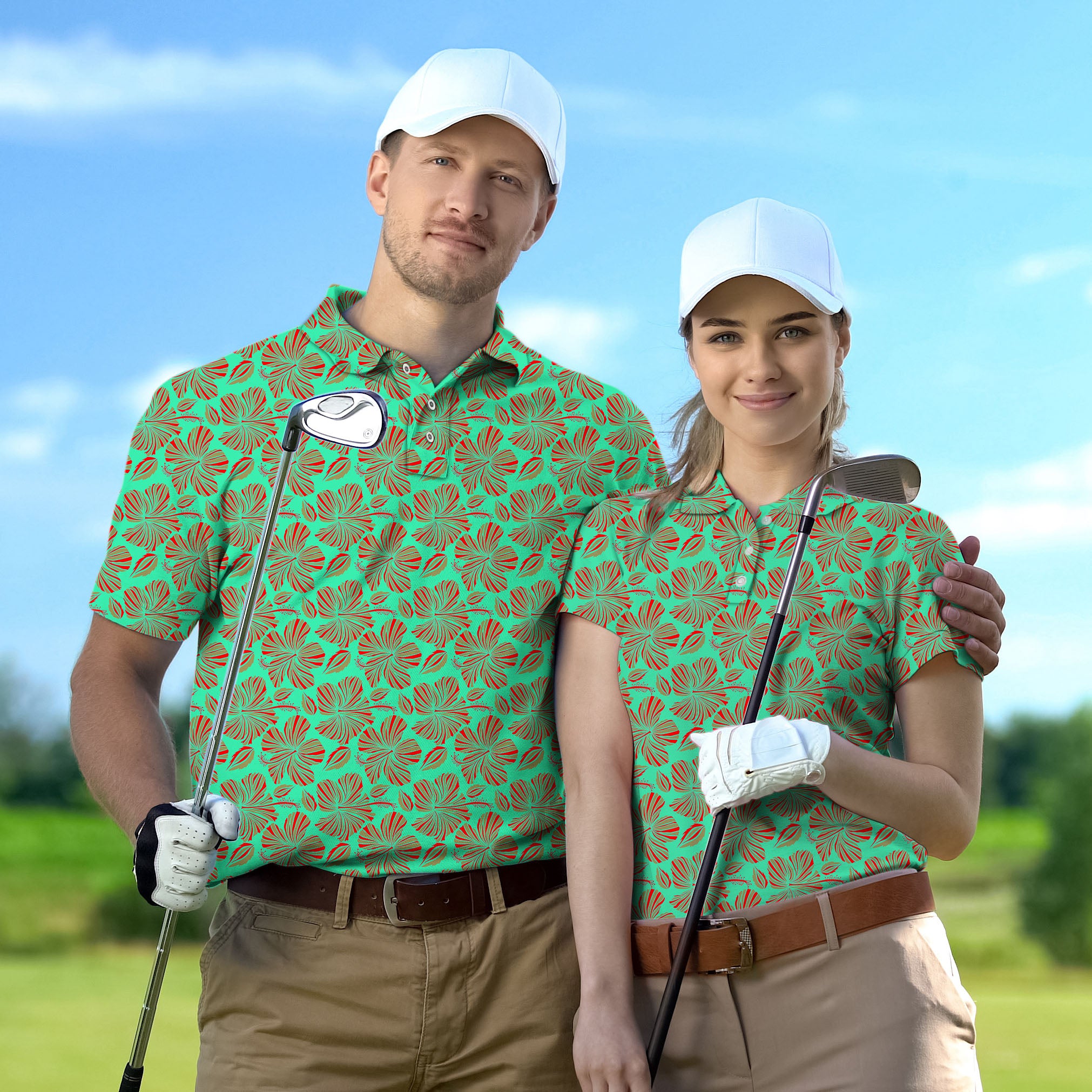 Golf Polo Couple Family set GREEN FLOWERS tournament