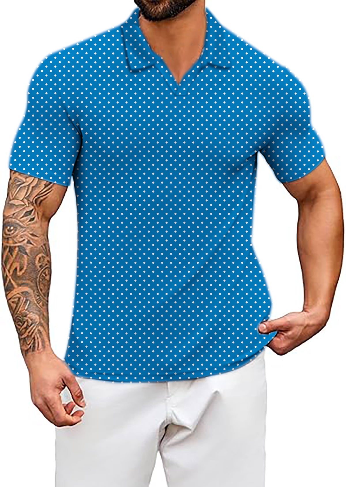 Men's Sky blue with white polka dots V Neck Golf Polo Shirts