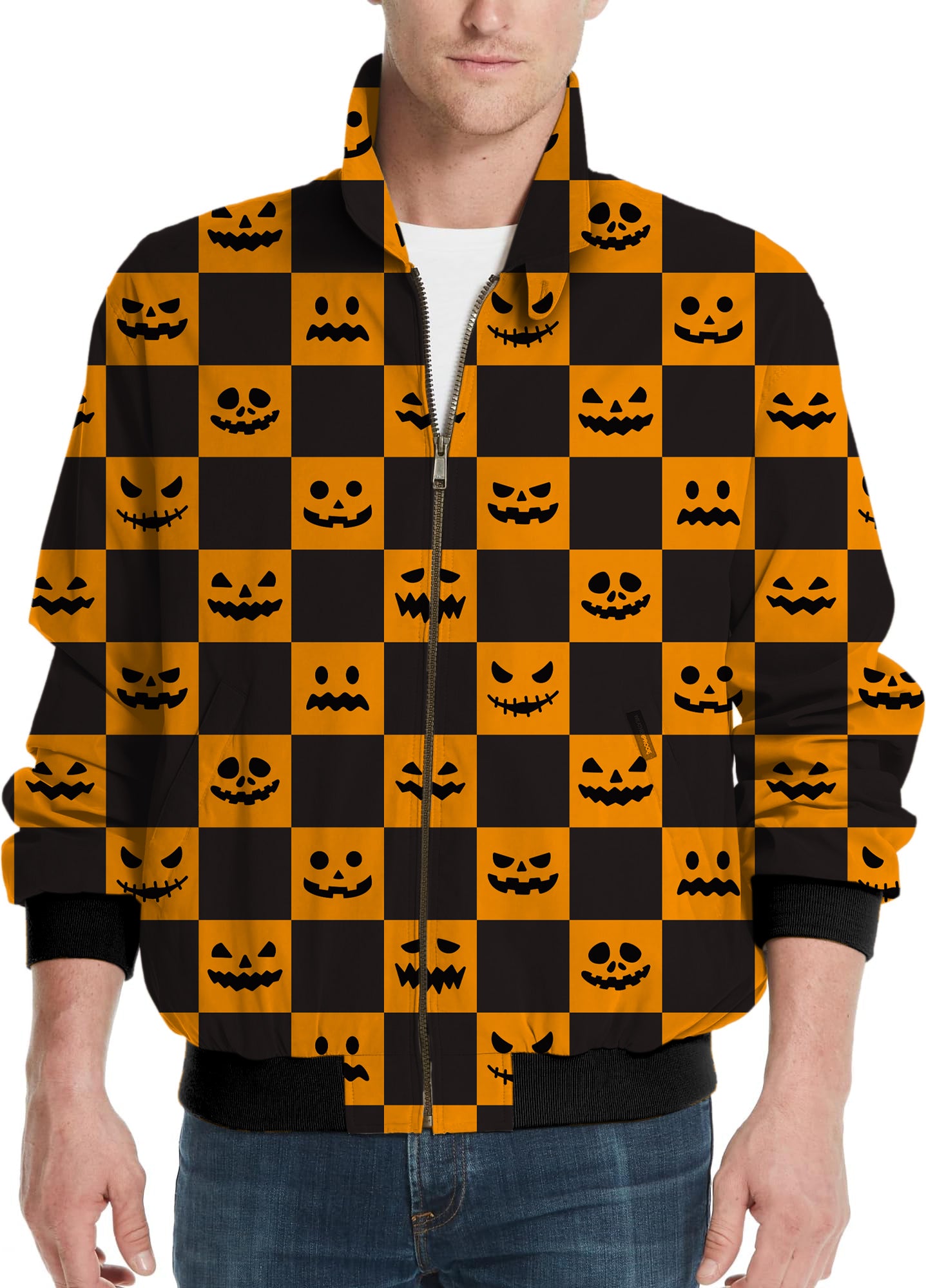 Halloween black and yellow checkerboard pumpkin Men's Golf Windbreaker Light Jacket