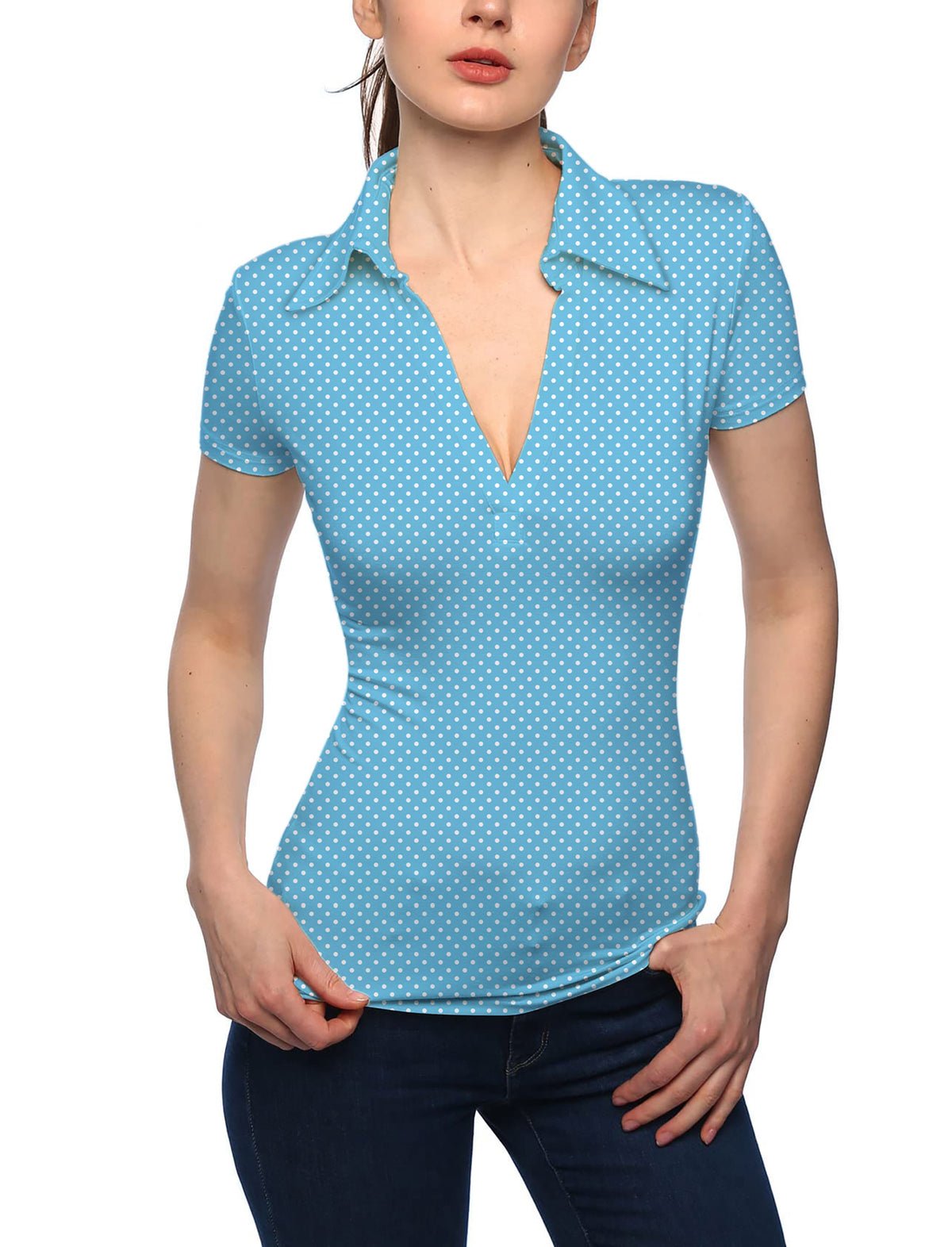 Women's white polka dots blue background V Neck Golf Polo
