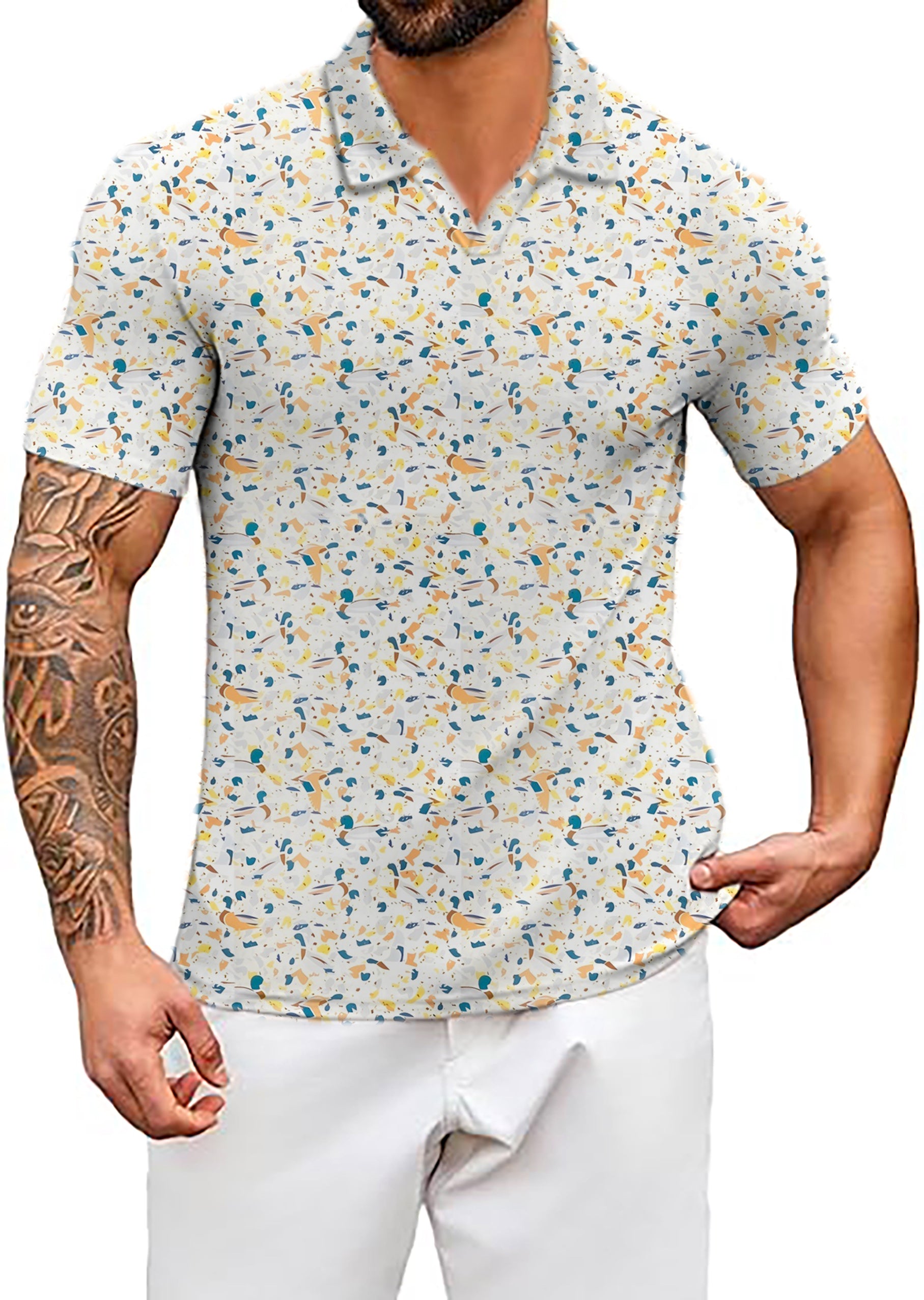 Men's Yellow terrazzo V Neck Golf Polo Shirts