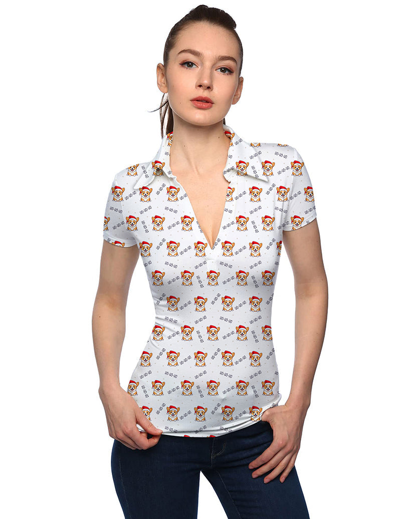 Women's Christmas Corgi V Neck Golf Polo with stand collar and festive corgi print, short sleeves, and deep V-neck design for sporty and stylish look.