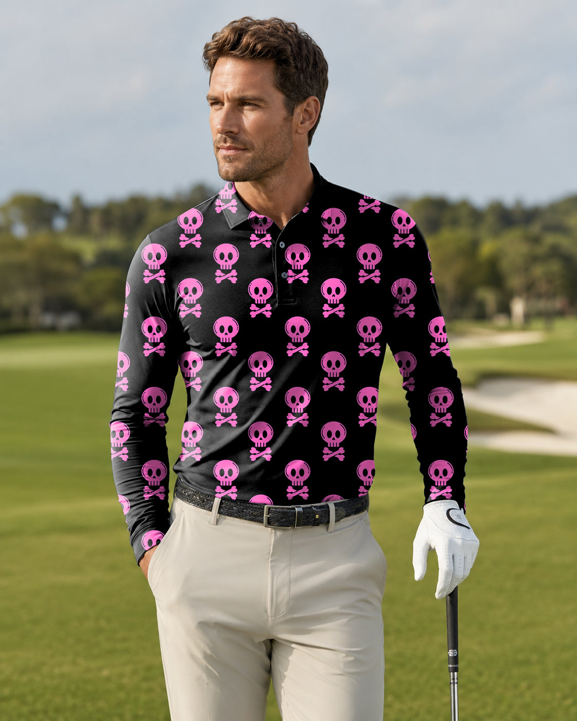 Men's Halloween Punk Skull Long-sleeved Polo