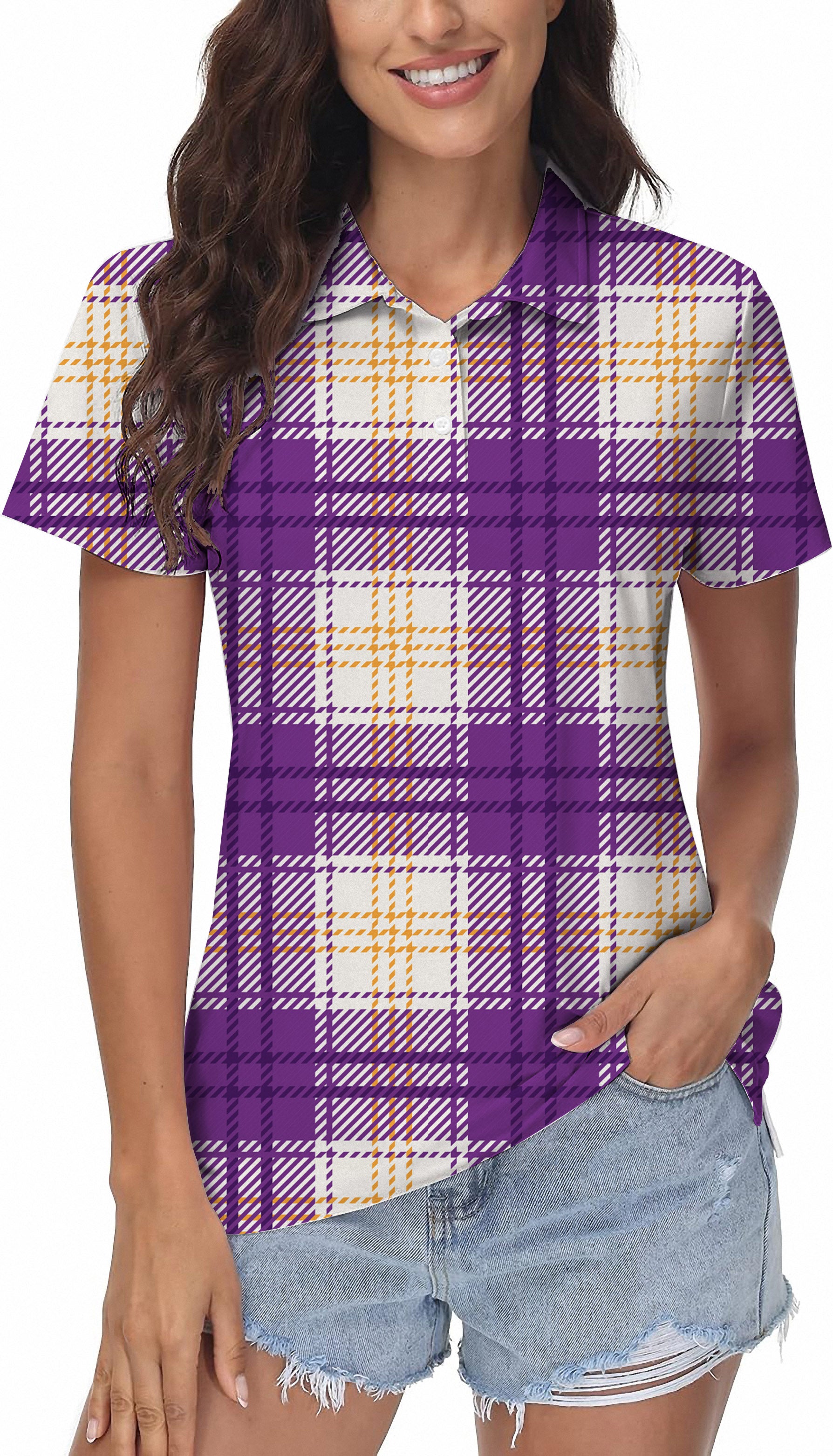 Halloween purple and yellow grid pattern Women's Golf Polo