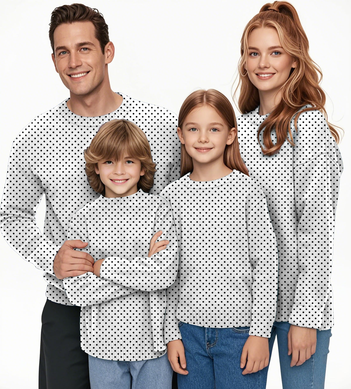 Black polka dots white background Crewneck Pullover Ugly Sweater Men Women boy girl family
