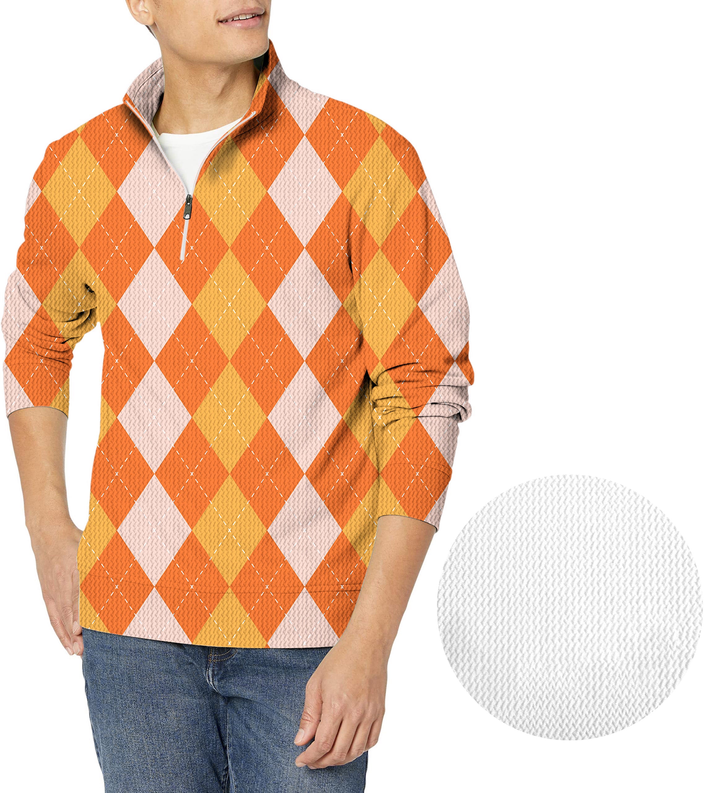 Halloween Orange Apricot Argyle Men's Golf Waffle Zipper Pullover