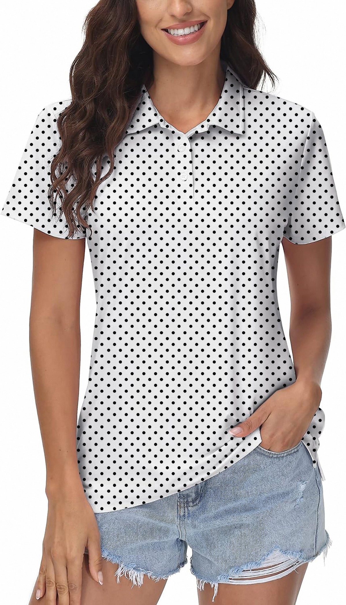 Black polka dots white background Women's Golf Polo