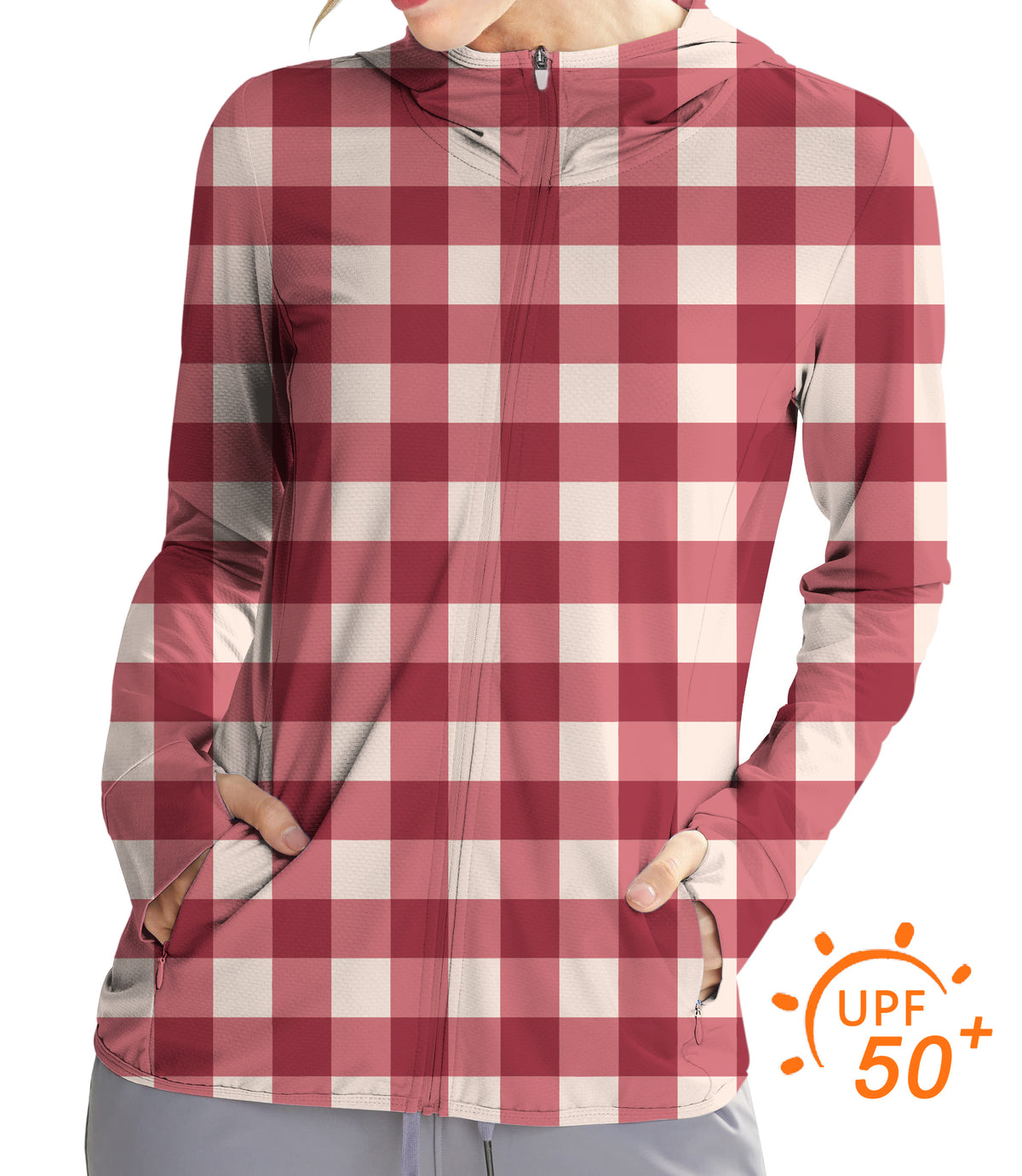 Women's Outdoor Christmas red checkerboard Golf Sun Protection Slim Fit zip hoodies