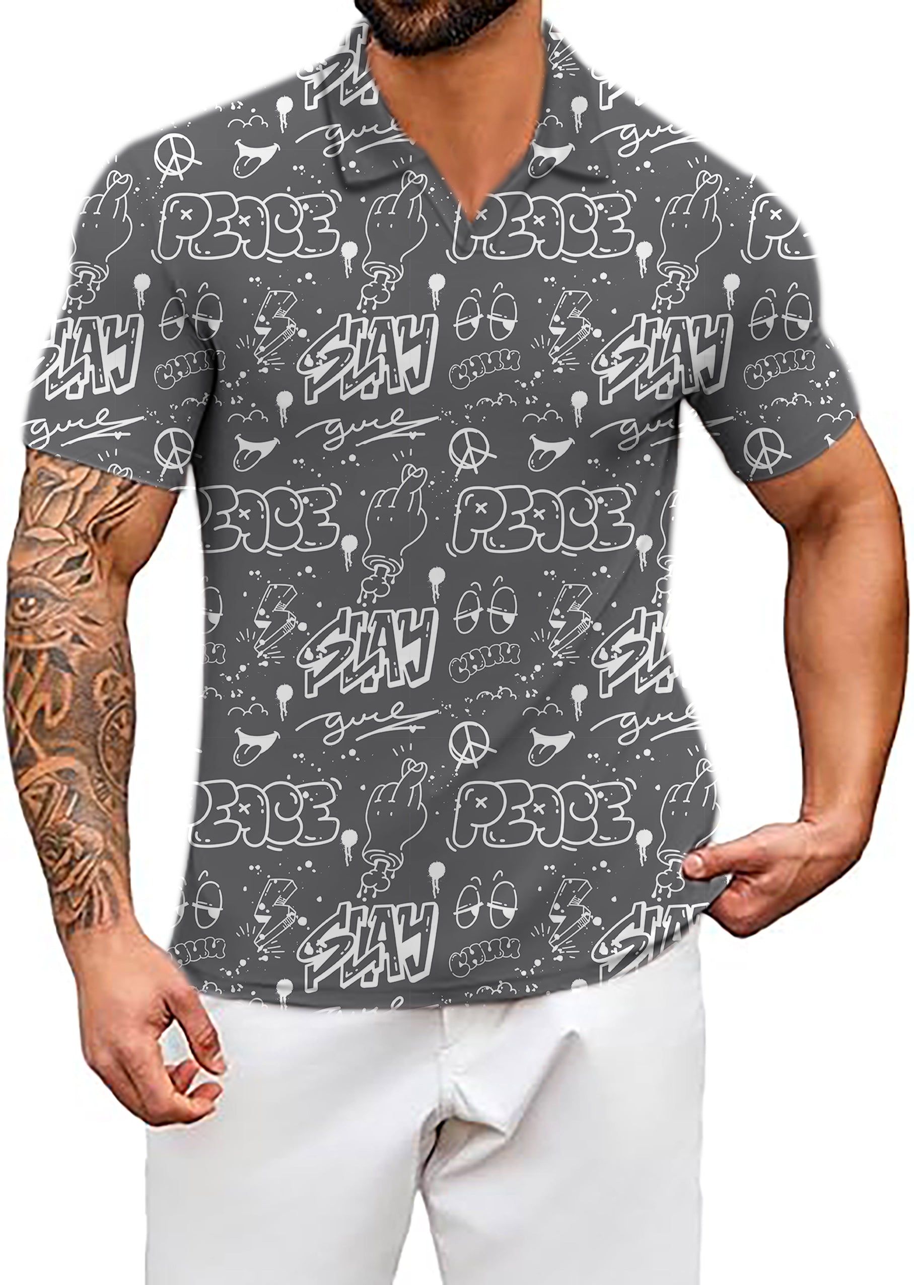 Men's Gray Slay Peace V Neck Golf Polo Shirts