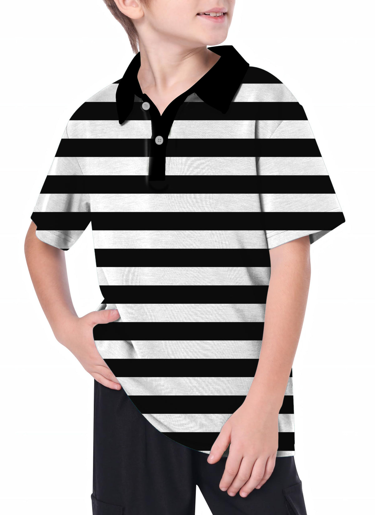 Youth Black and white horizontal stripes Golf Polo