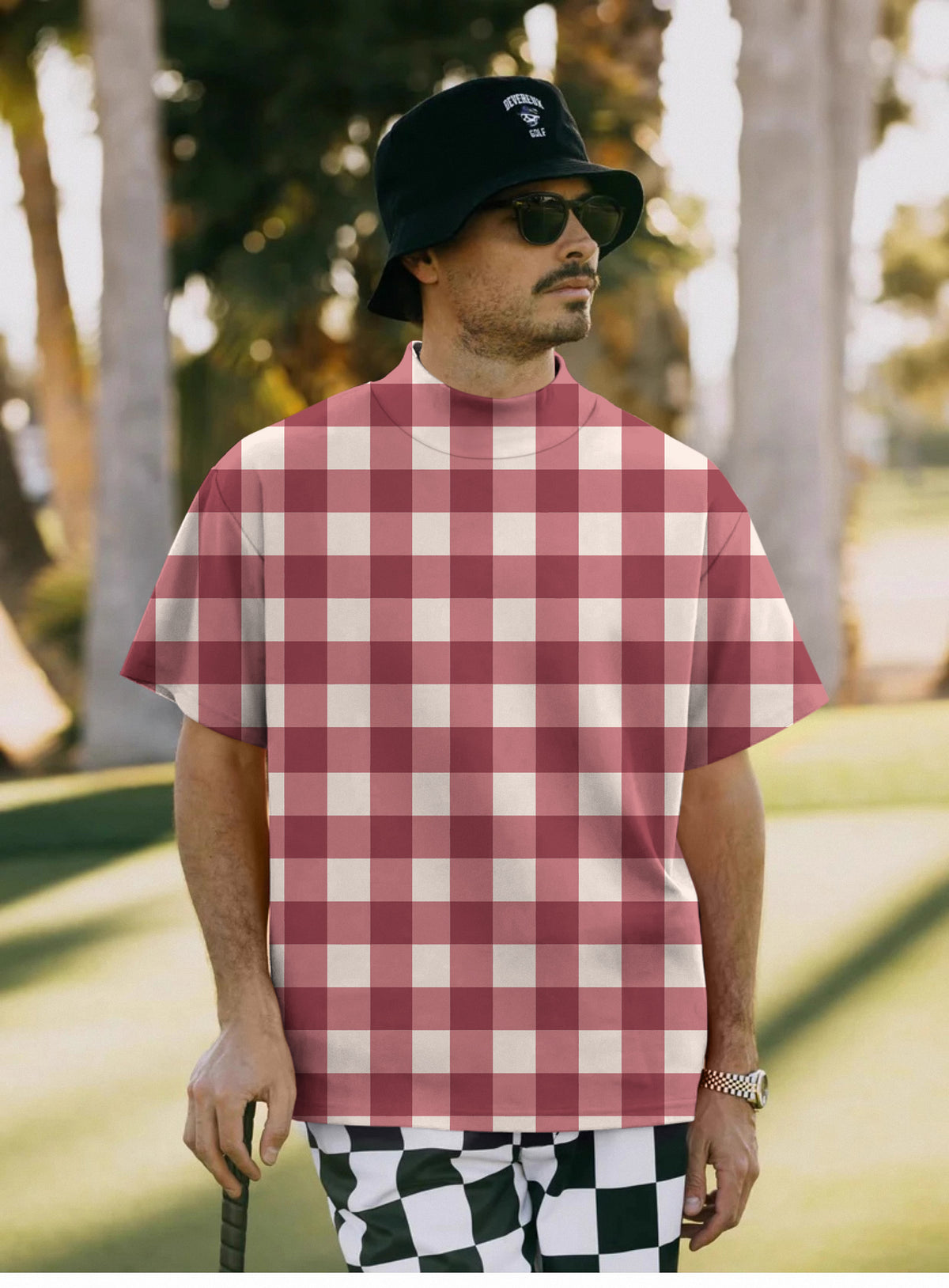 Men's Christmas red checkerboard Mock Neck Long/Short Sleeve Golf Tops