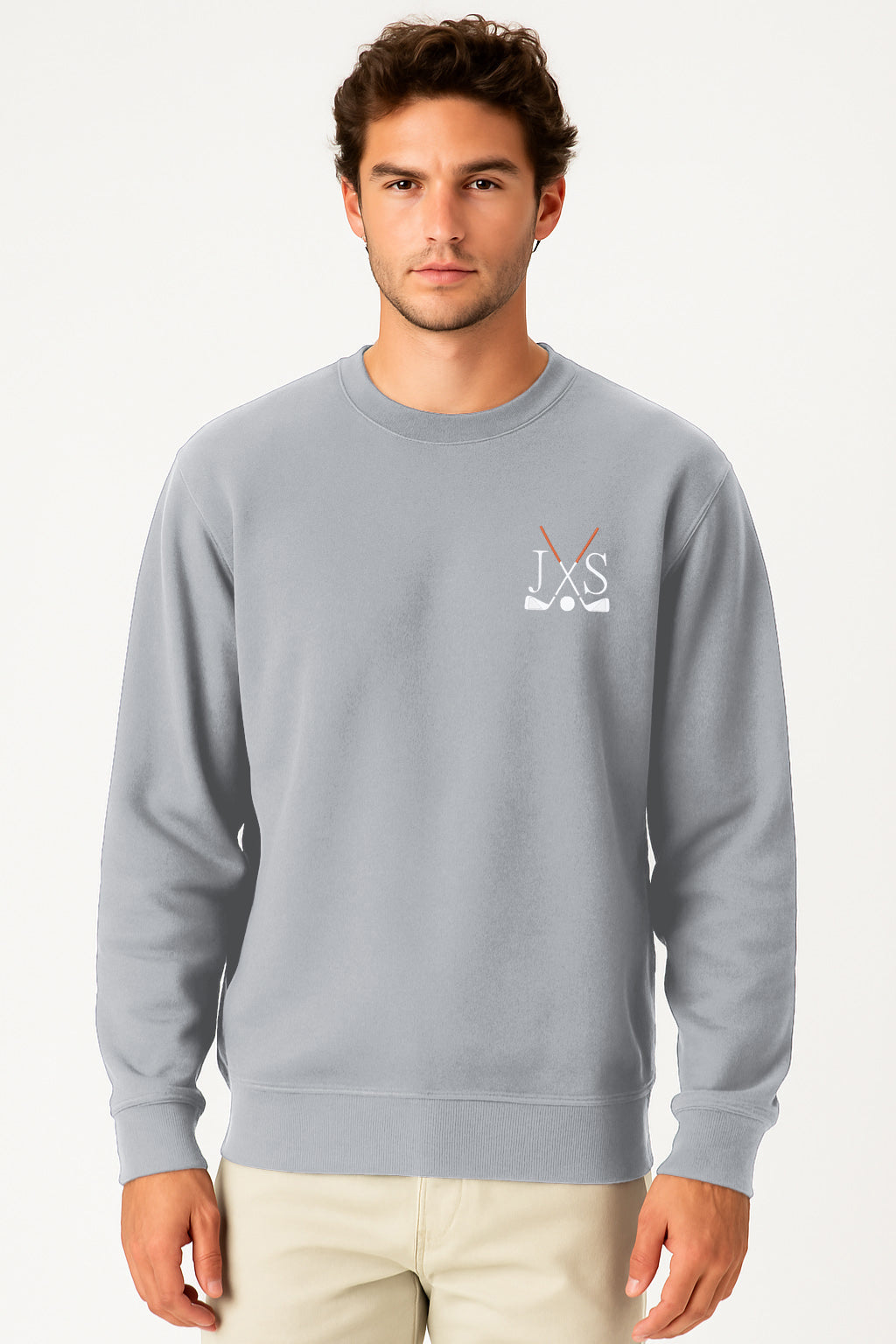 Grey solid color men's crew neck sweatshirt with embroidery, plus size, rib knit cuffs, and front pouch pocket