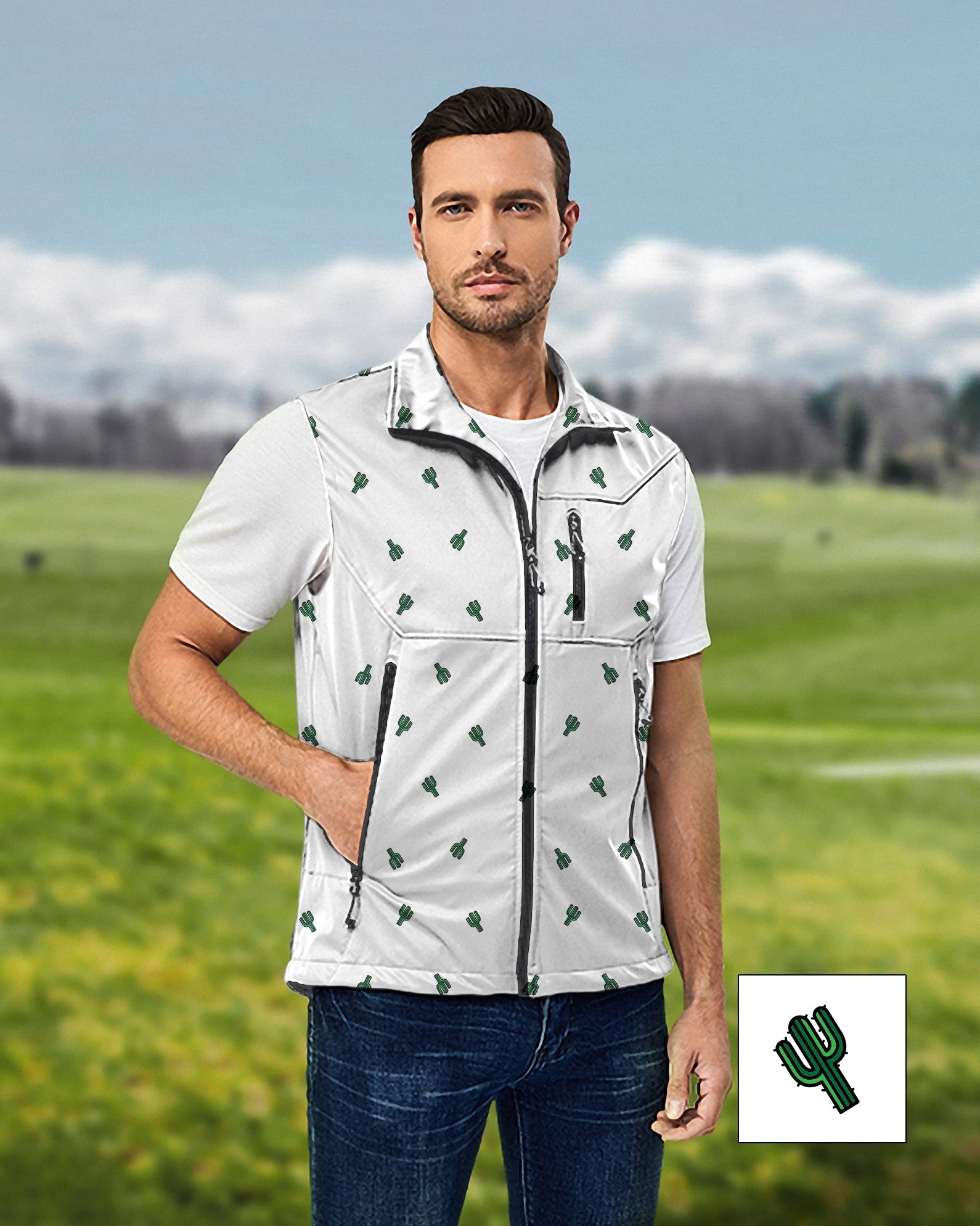 Men's Cactus Custom The Background Color Lightweight Softshell Vest Sleeveless Jacket for Golf Windproof Waterproof