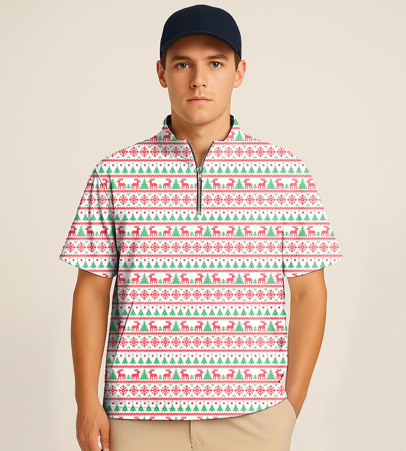 Half zipper turtleneck golf shirt with Christmas red and blue tree embroidery and short sleeves