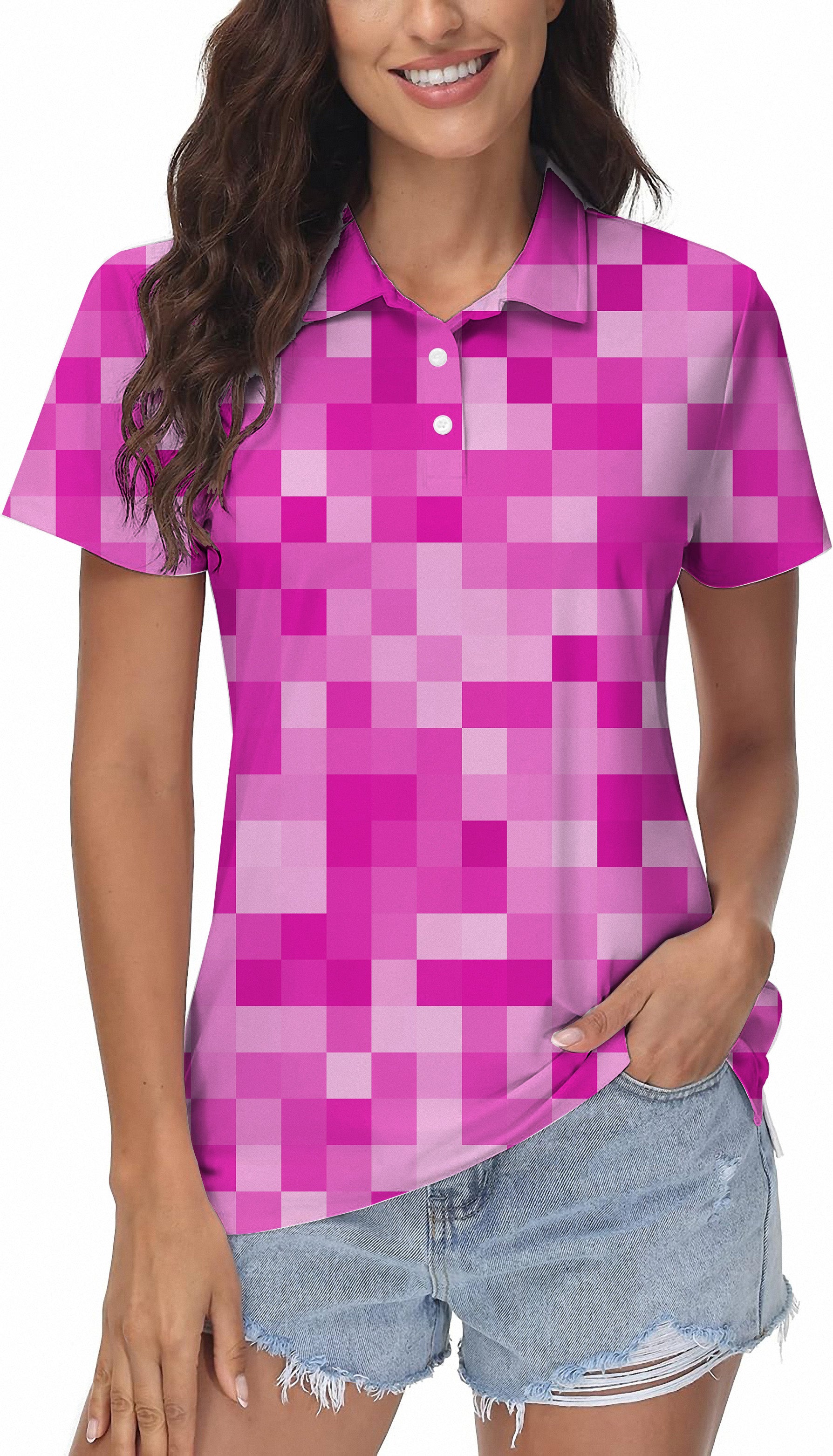 Rose Red Pixel Big Women's Golf Polo