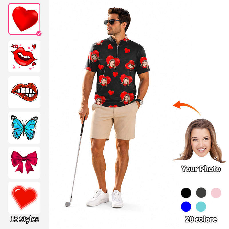 Valentine's Day Men's Short Sleeve Quarter Zip Golf Pullover   Custom Photo Face Custom Color Black Love Embroidery